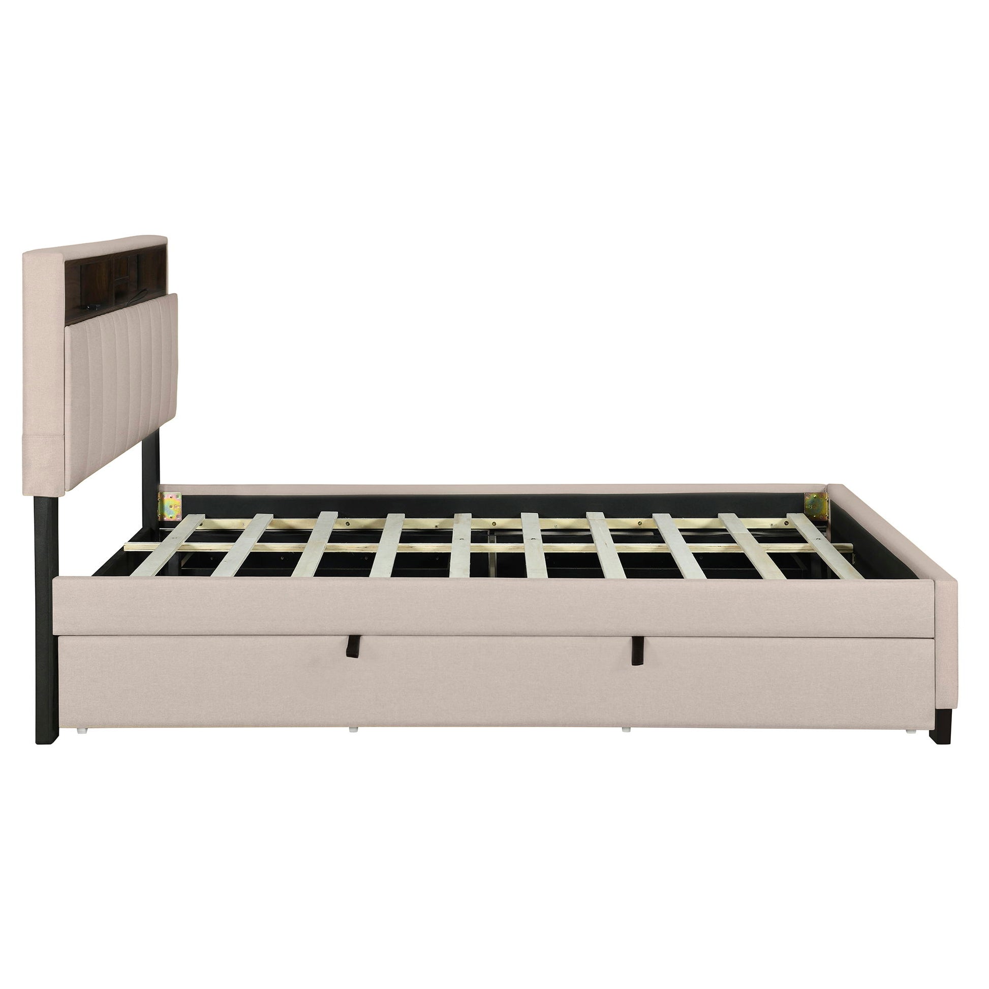 Upholstered Platform Bed With Storage Headboard, Trundle & 2 Drawers And A Set Of Sockets & USB Ports - The Sleep Loft - Online Mattress Showroom NYC
