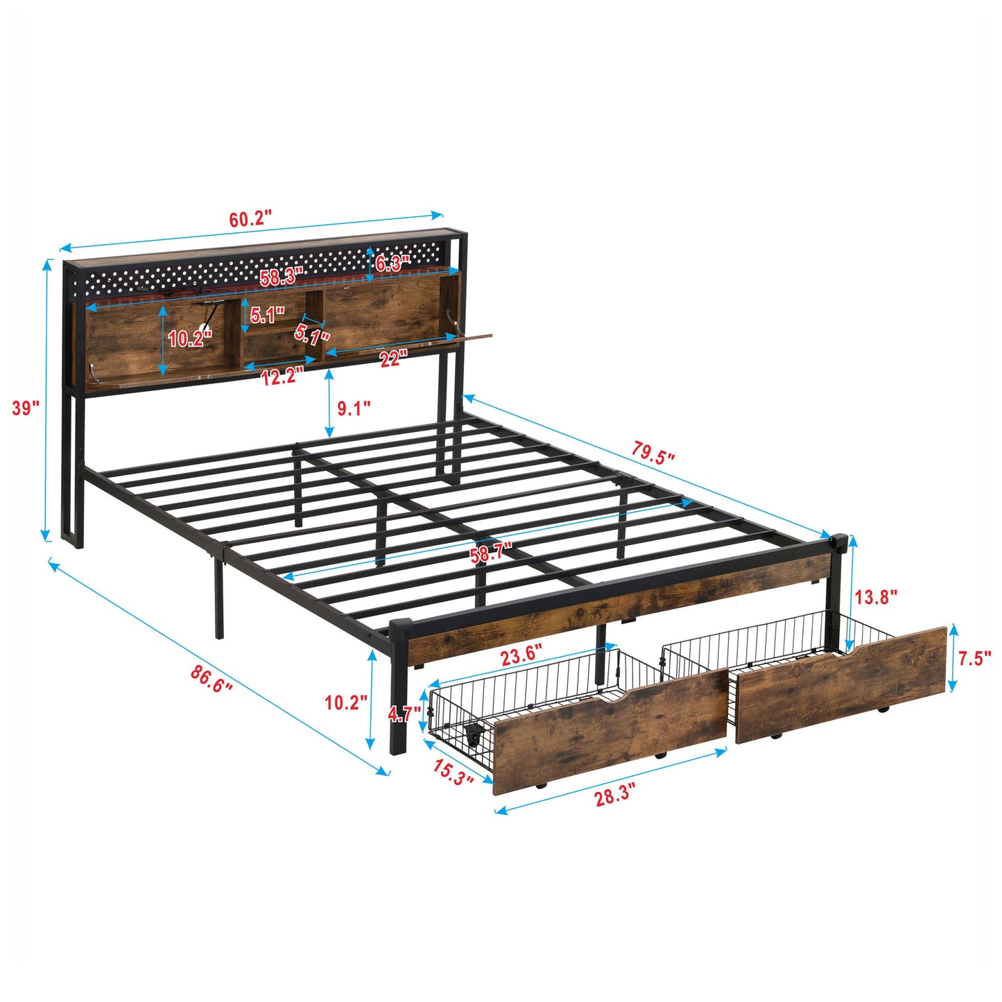Modern Metal Platform Bed Frame With Wooden Headboard, USB Charging Station, Storage Drawers