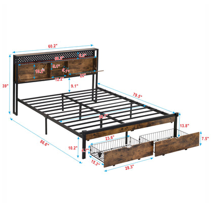 Modern Metal Platform Bed Frame With Wooden Headboard, USB Charging Station, Storage Drawers
