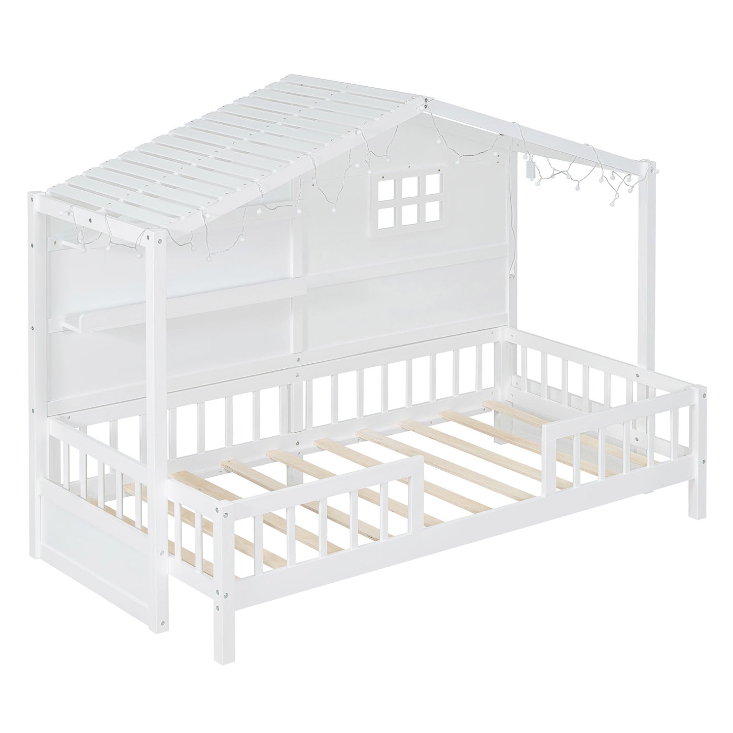 House Bed With Shelves, Window And Sparkling Light Strip On The Roof - The Sleep Loft - Online Mattress Showroom NYC