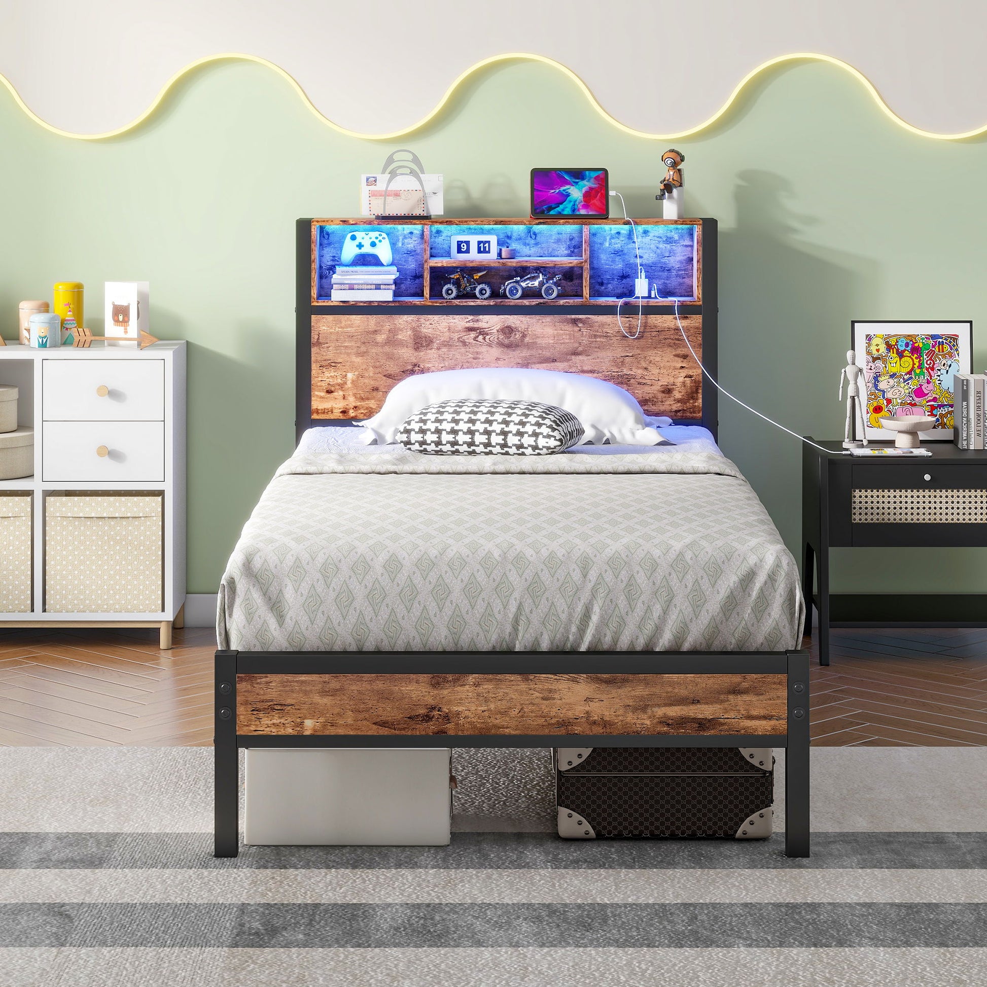 Modern Twin Size Metal Platform Bed Frame With Storage Headboard And Charging Station - Brown - The Sleep Loft - Online Mattress Showroom NYC