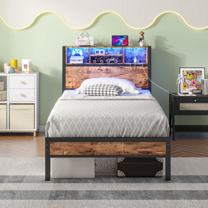 Modern Twin Size Metal Platform Bed Frame With Storage Headboard And Charging Station - Brown - The Sleep Loft - Online Mattress Showroom NYC