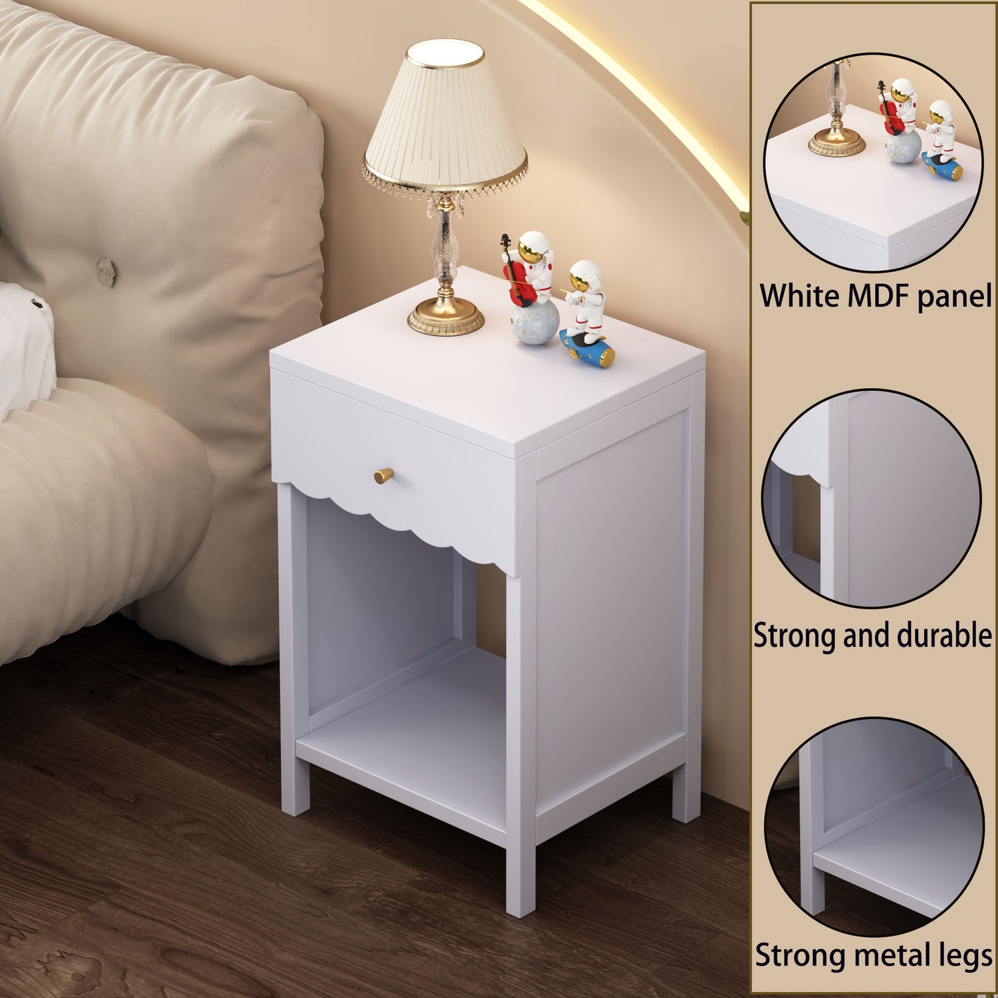 Nightstand With Drawer And Open Shelf, Scalloped Edge Bedside Table - The Sleep Loft - Online Mattress Showroom NYC