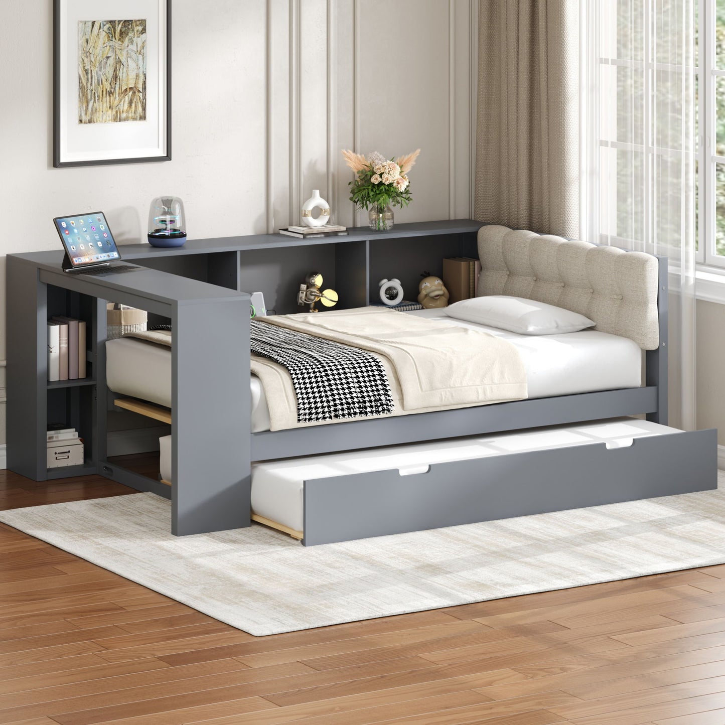 Upholstered Headboard Platform Bed With Storage Shelves, Trundle, Charging Station - The Sleep Loft - Online Mattress Showroom NYC