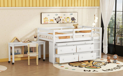 Loft Bed With Retractable Writing Desk And 4 Drawers, With Lateral Portable Desk And Shelves - The Sleep Loft - Online Mattress Showroom NYC