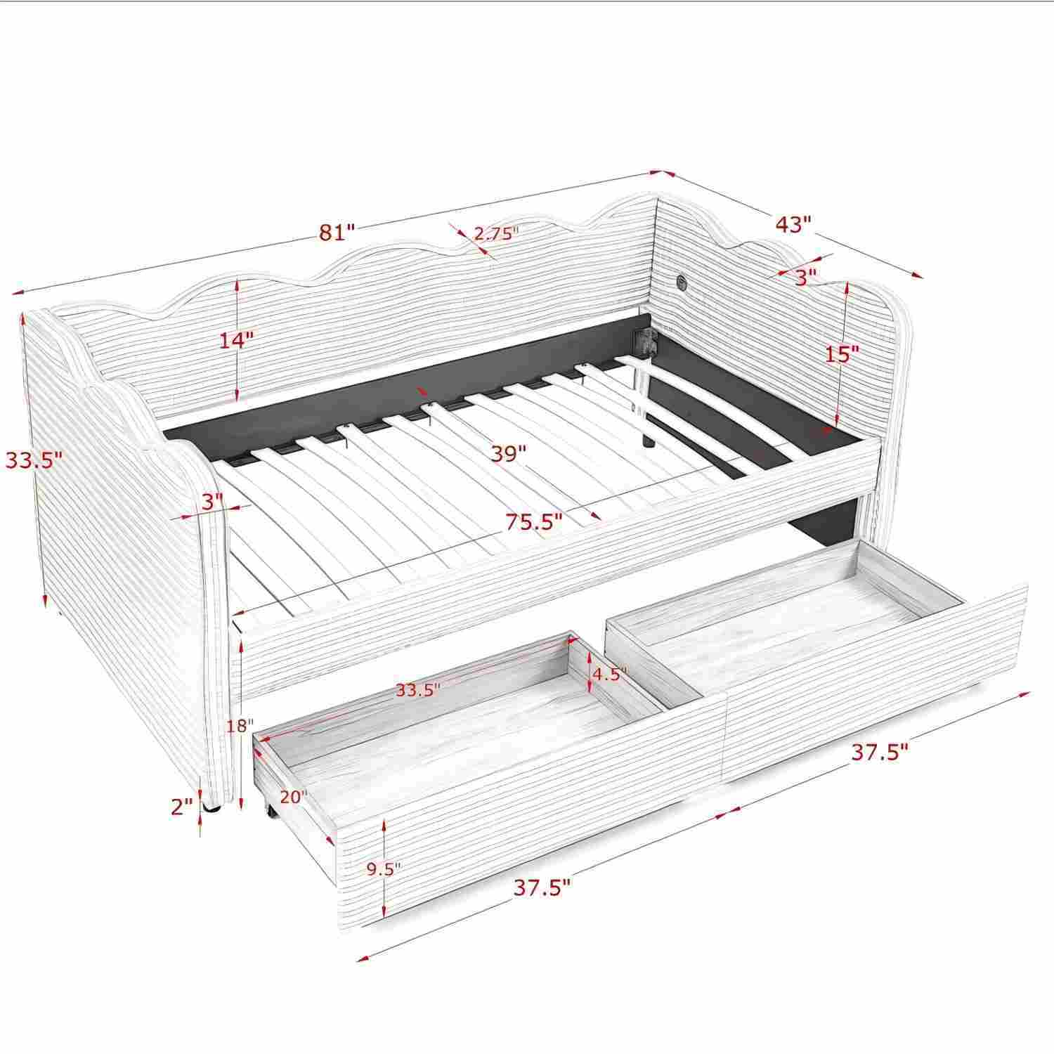 Gingham Daybed With USB Charging Port, Wave-Shaped Design - The Sleep Loft - Online Mattress Showroom NYC