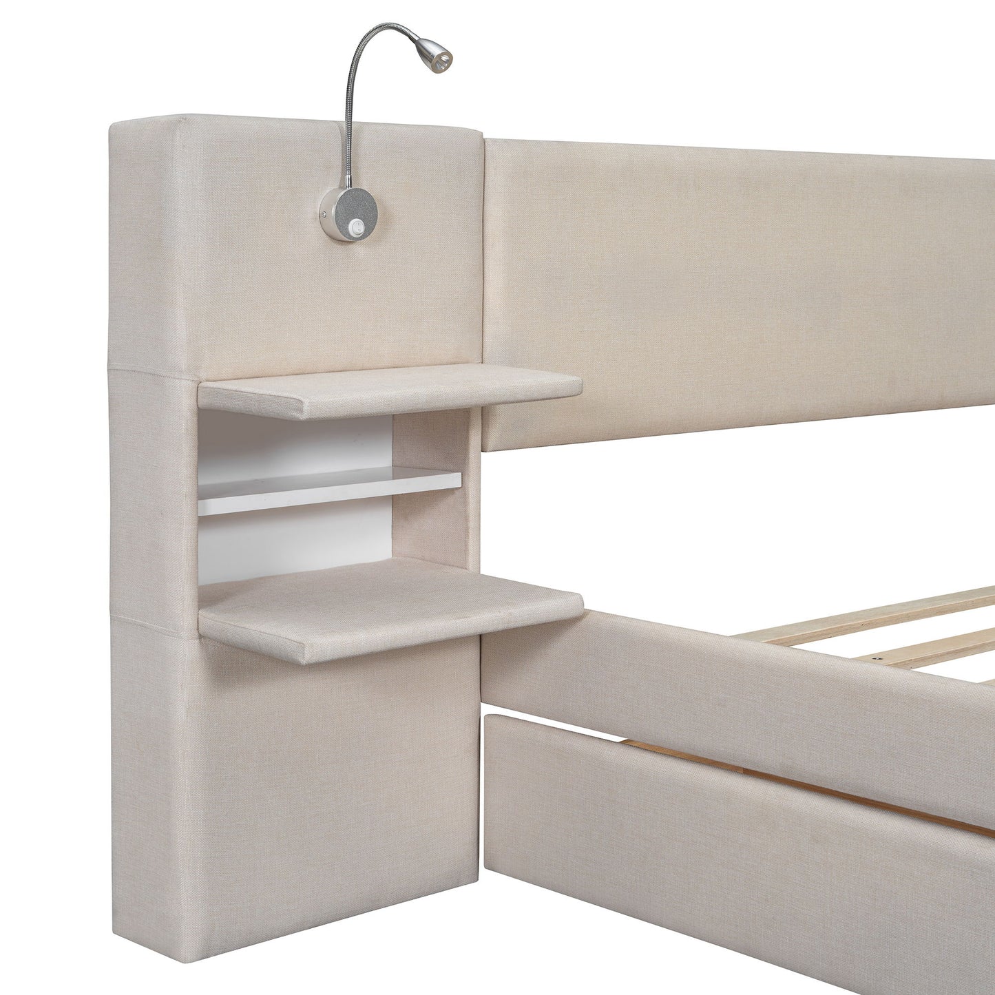 Upholstered Platform Bed With Reading Lights, Drawers, Trundle And Shelves - The Sleep Loft - Online Mattress Showroom NYC