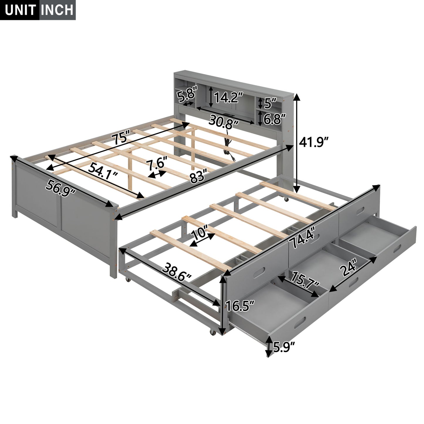 Platform Bed With Storage Headboard, USB, Trundle And 3 Drawers - The Sleep Loft - Online Mattress Showroom NYC