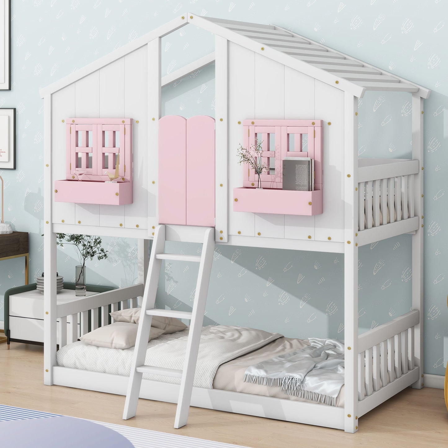 House Bunk Bed With Roof, Window, Window Box, Door, With Safety Guardrails And Ladder - The Sleep Loft - Online Mattress Showroom NYC