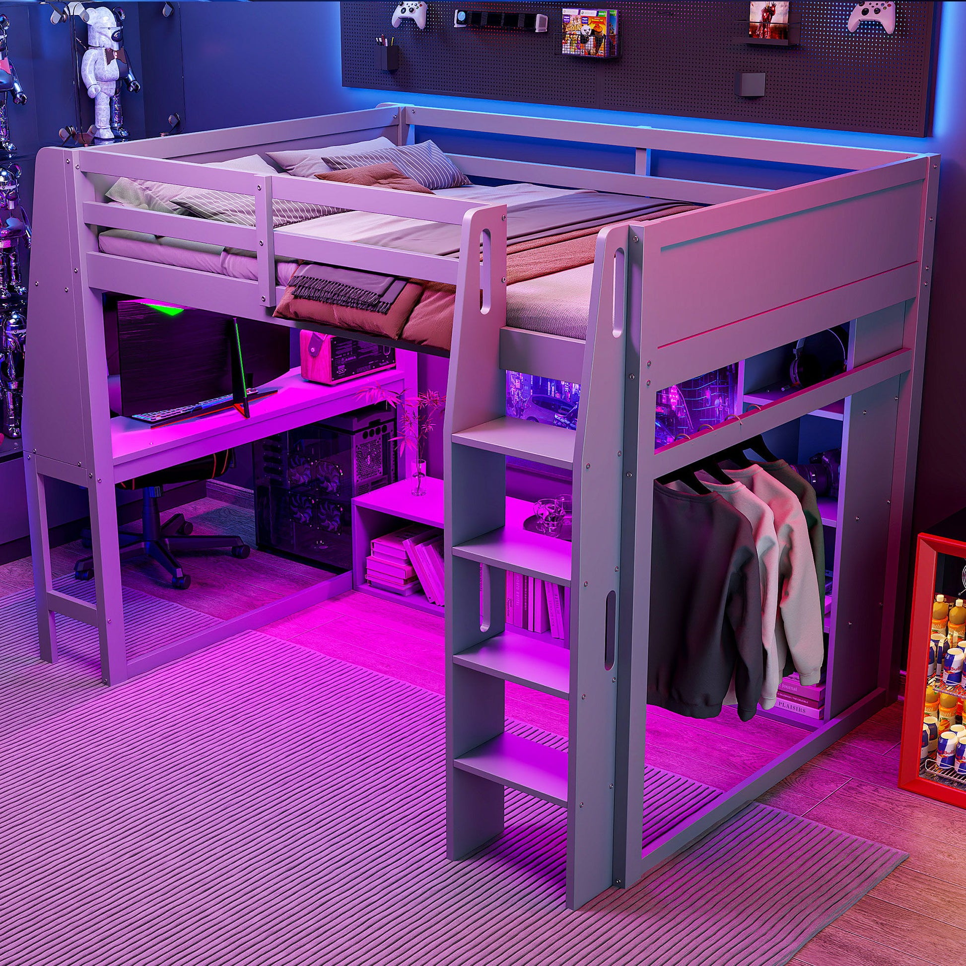 Full Size Gaming Loft Bed With Desk, Multi Storage Shelves, LED Lighting, And Hanging Clothes Rack - Gray - The Sleep Loft - Online Mattress Showroom NYC