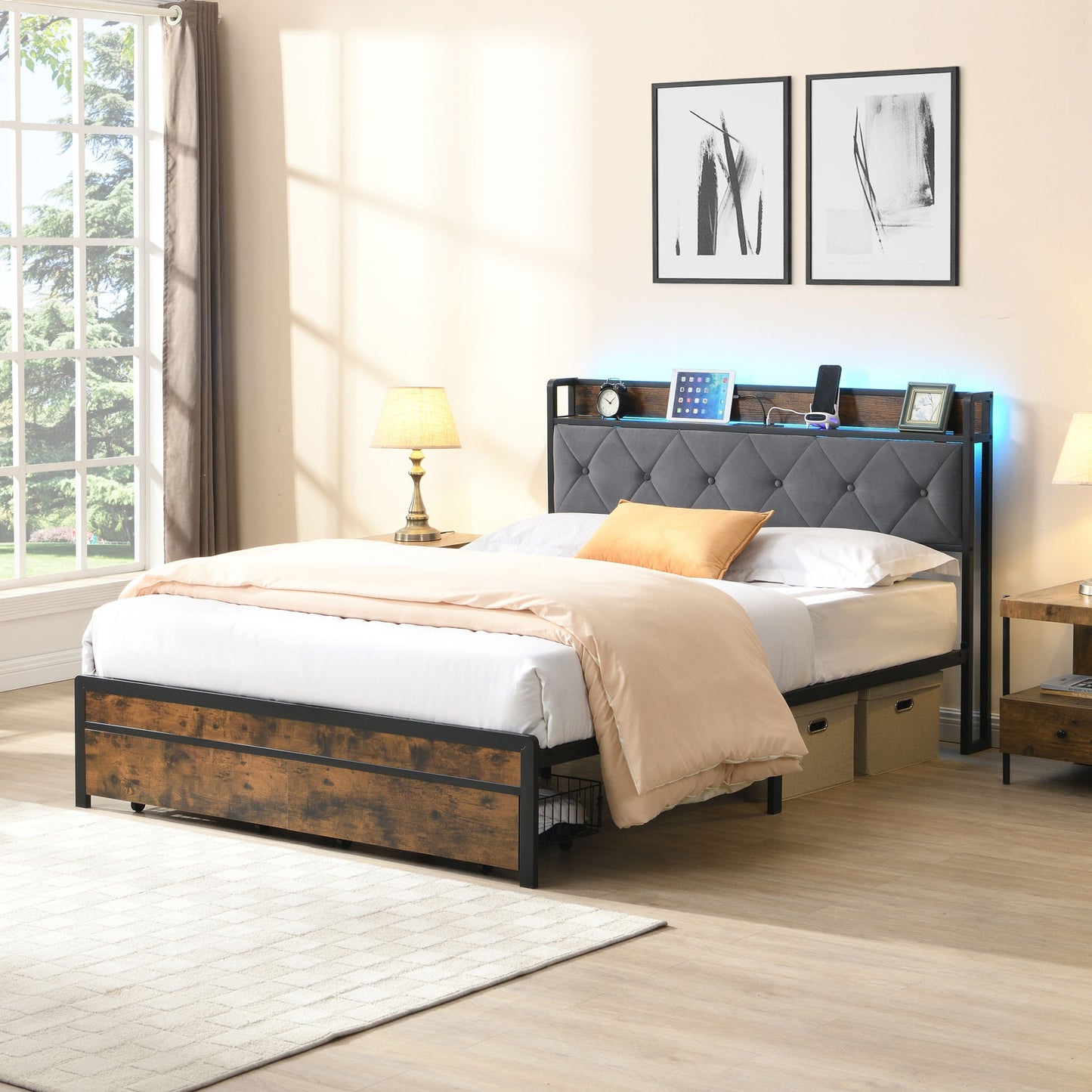 Modern Bed Frame With LED Lights, Upholstered Headboard, USB Charging - The Sleep Loft - Online Mattress Showroom NYC