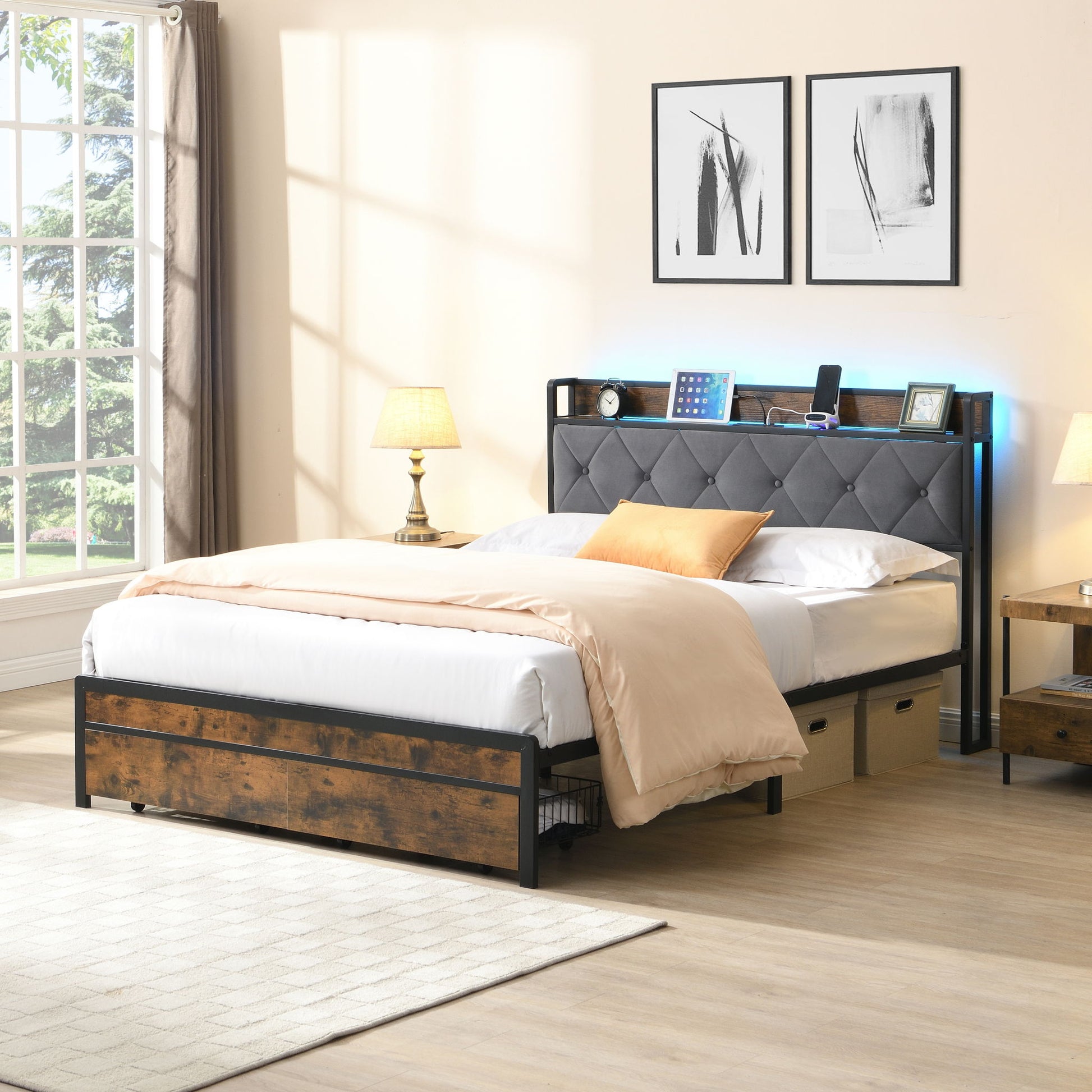 Modern Bed Frame With LED Lights, Upholstered Headboard, USB Charging - The Sleep Loft - Online Mattress Showroom NYC
