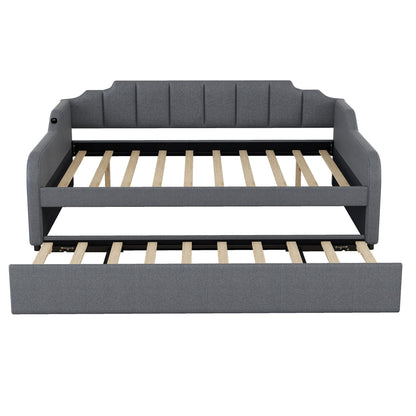 Full Size Upholstered Daybed With Trundle And USB Charging - Gray - The Sleep Loft - Online Mattress Showroom NYC