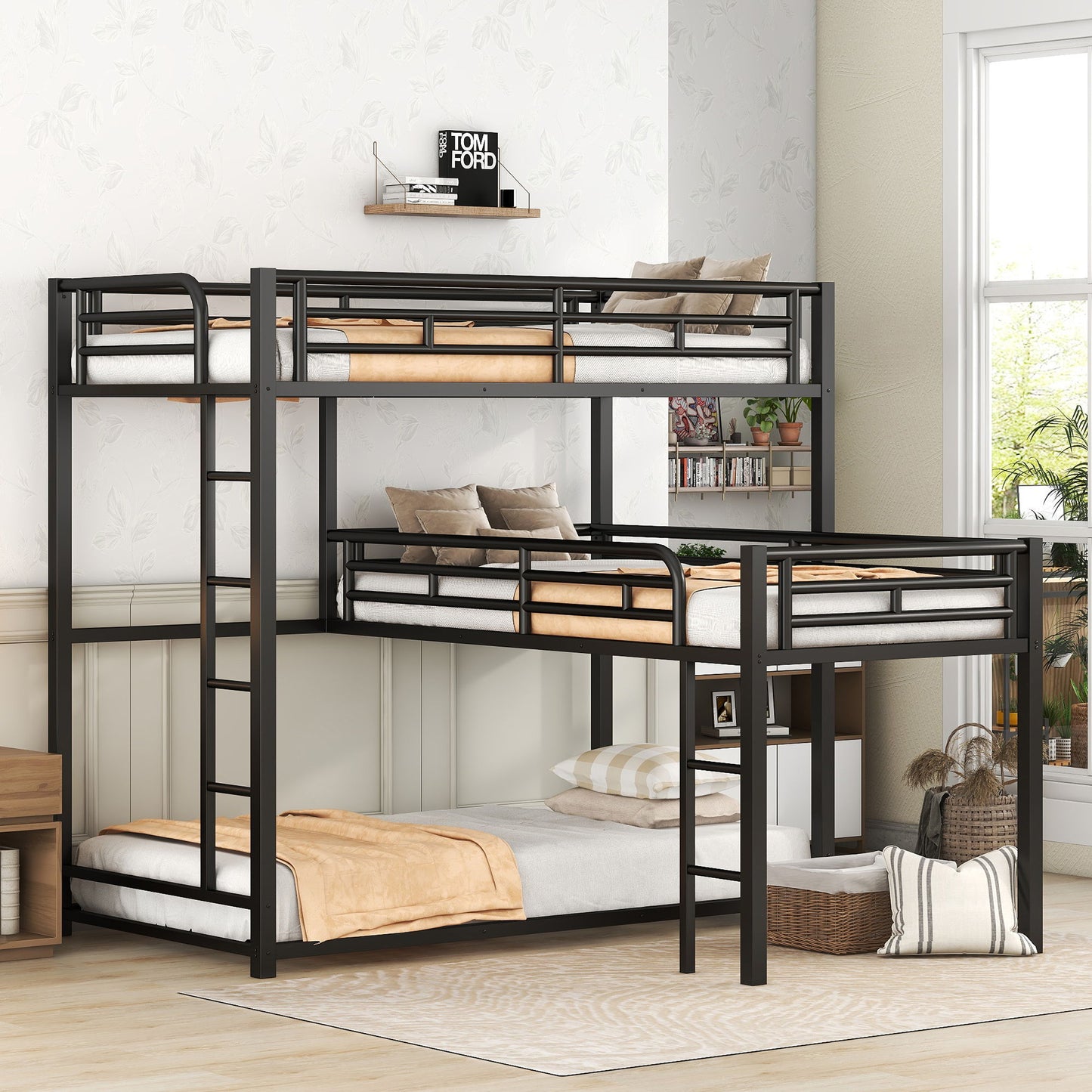 L-Shaped Triple Twin Size Bunk Bed, Industrial Design With Integrated Ladder And Full Length Guardrails - Black - The Sleep Loft - Online Mattress Showroom NYC