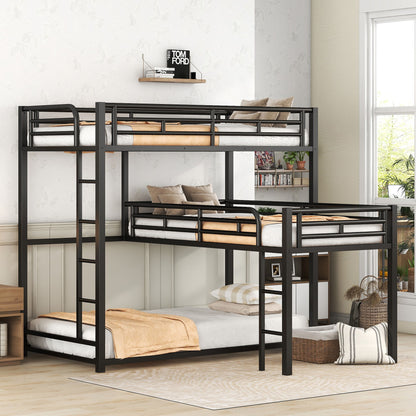 L-Shaped Triple Twin Size Bunk Bed, Industrial Design With Integrated Ladder And Full Length Guardrails - Black - The Sleep Loft - Online Mattress Showroom NYC