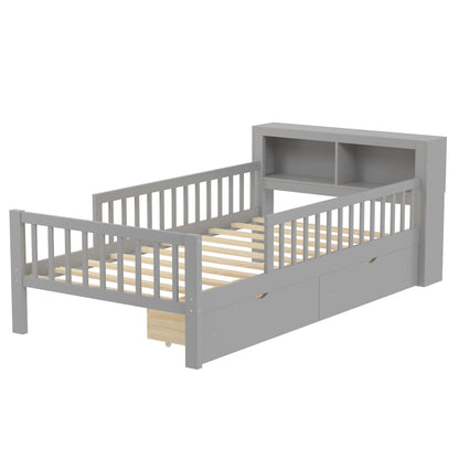 Bed With Headboard Storage Rack, 2 Under Bed Drawers, 3 Side Guardrails For Safety - The Sleep Loft - Online Mattress Showroom NYC