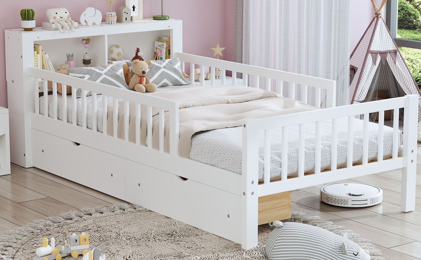 Bed With Headboard Storage Rack, 2 Under Bed Drawers, 3 Side Guardrails For Safety - The Sleep Loft - Online Mattress Showroom NYC