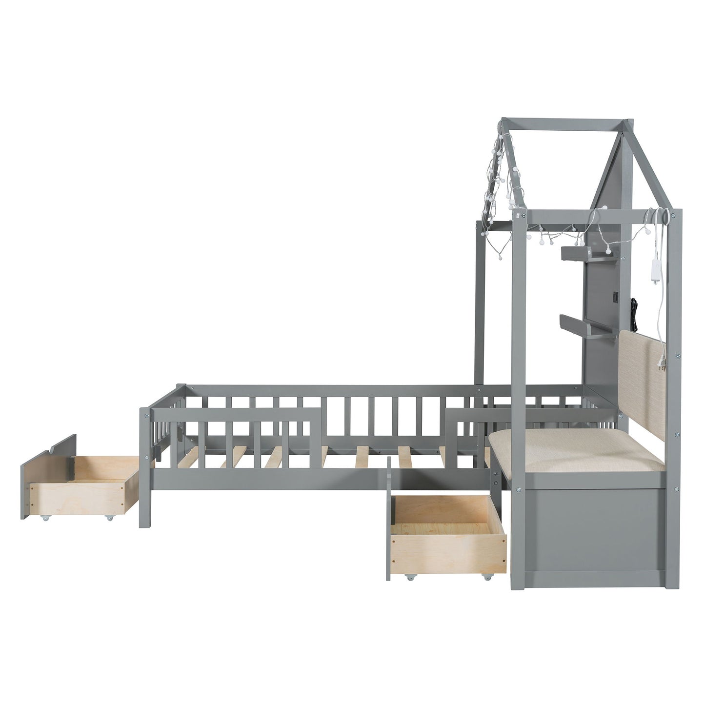 House Bed With Upholstered Sofa, Wireless Charging Station, Shelves And 2 Drawers - The Sleep Loft - Online Mattress Showroom NYC