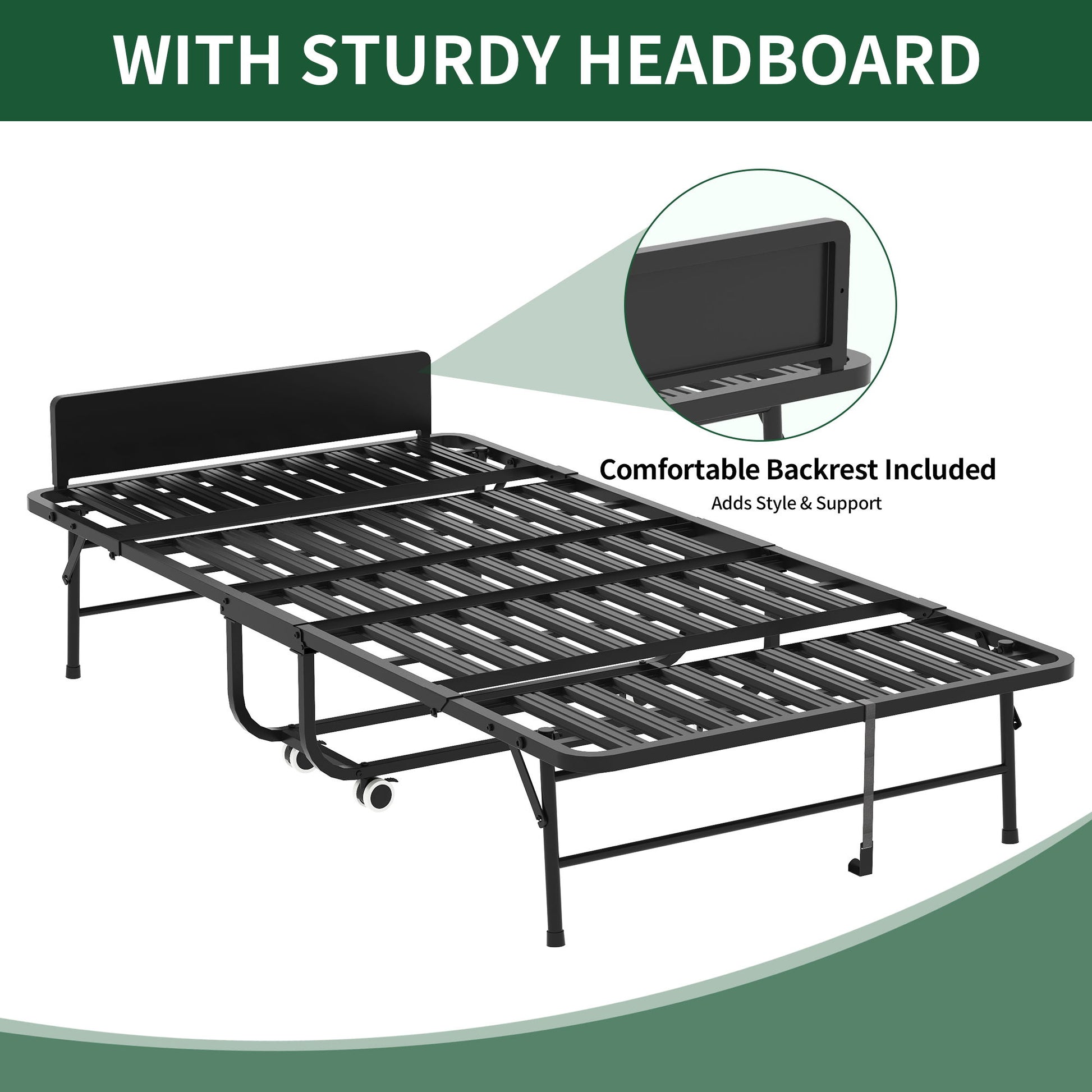 Twin Folding Bed With Adjustable Headboard, Memory Foam For Tall People, Heavy-Duty Portable On Wheels, Easy Assembly - Black - The Sleep Loft - Online Mattress Showroom NYC