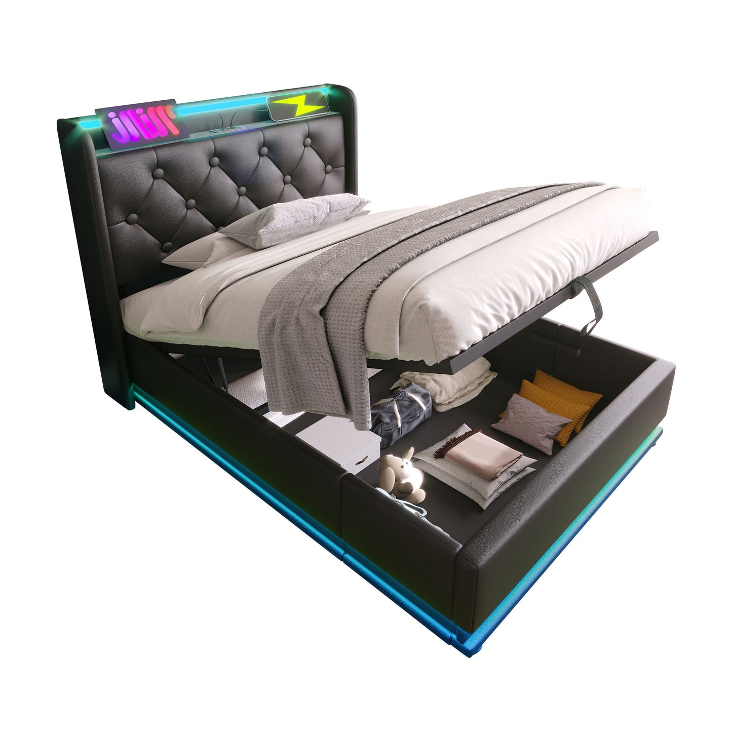 Upholstered Bed, 360 Surround LED Function, Remote Control, Hydraulic Storage Bed With USB, Type-C Charging (Without Mattress) - The Sleep Loft - Online Mattress Showroom NYC