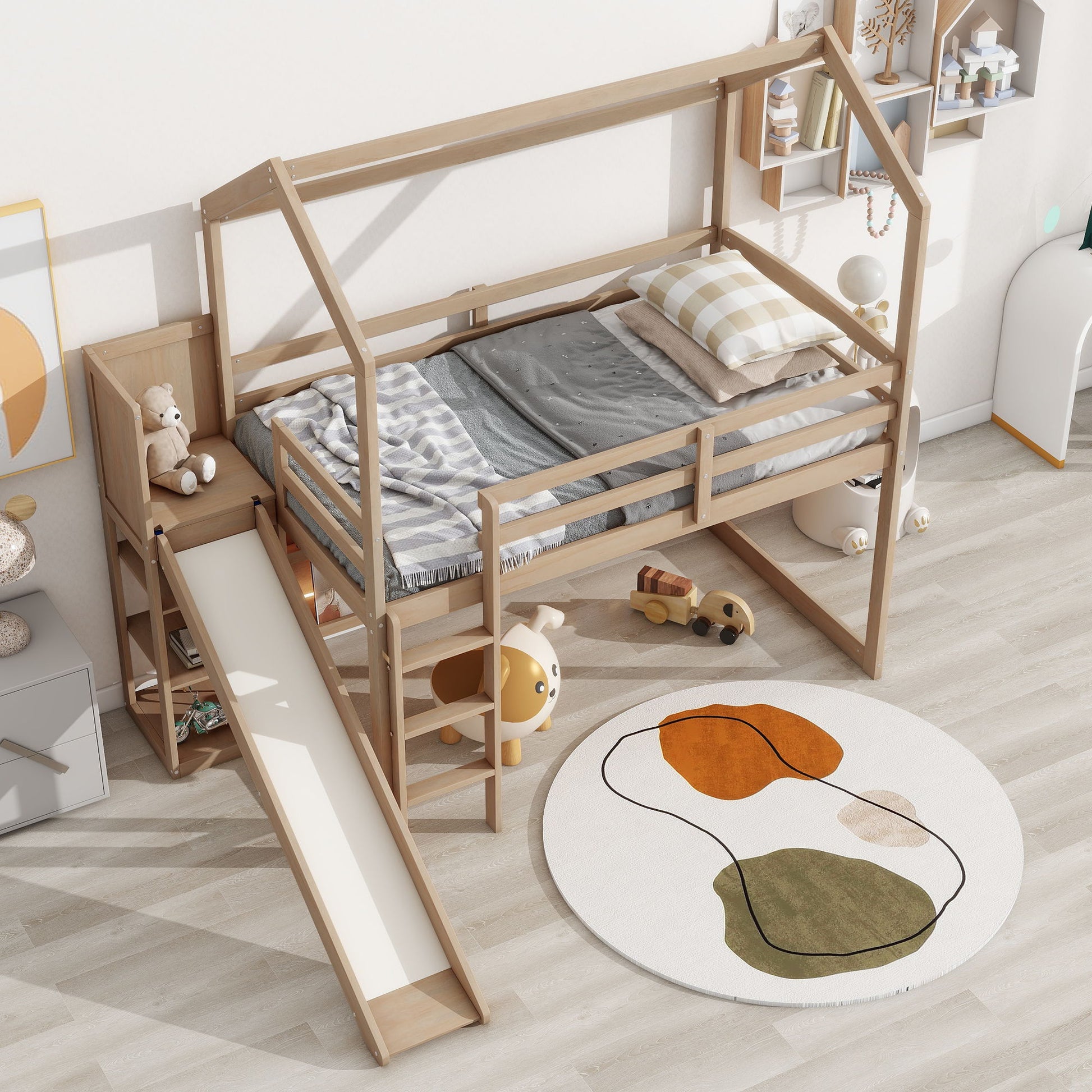 House Loft Bed With Slide, Storage Shelves And Light, Climbing Ramp - The Sleep Loft - Online Mattress Showroom NYC
