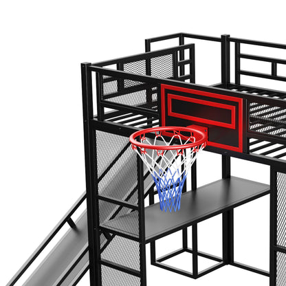 Loft Bed With Built In Desk, Open Wardrobe, Basketball Hoop, Slide And Staircase - The Sleep Loft - Online Mattress Showroom NYC
