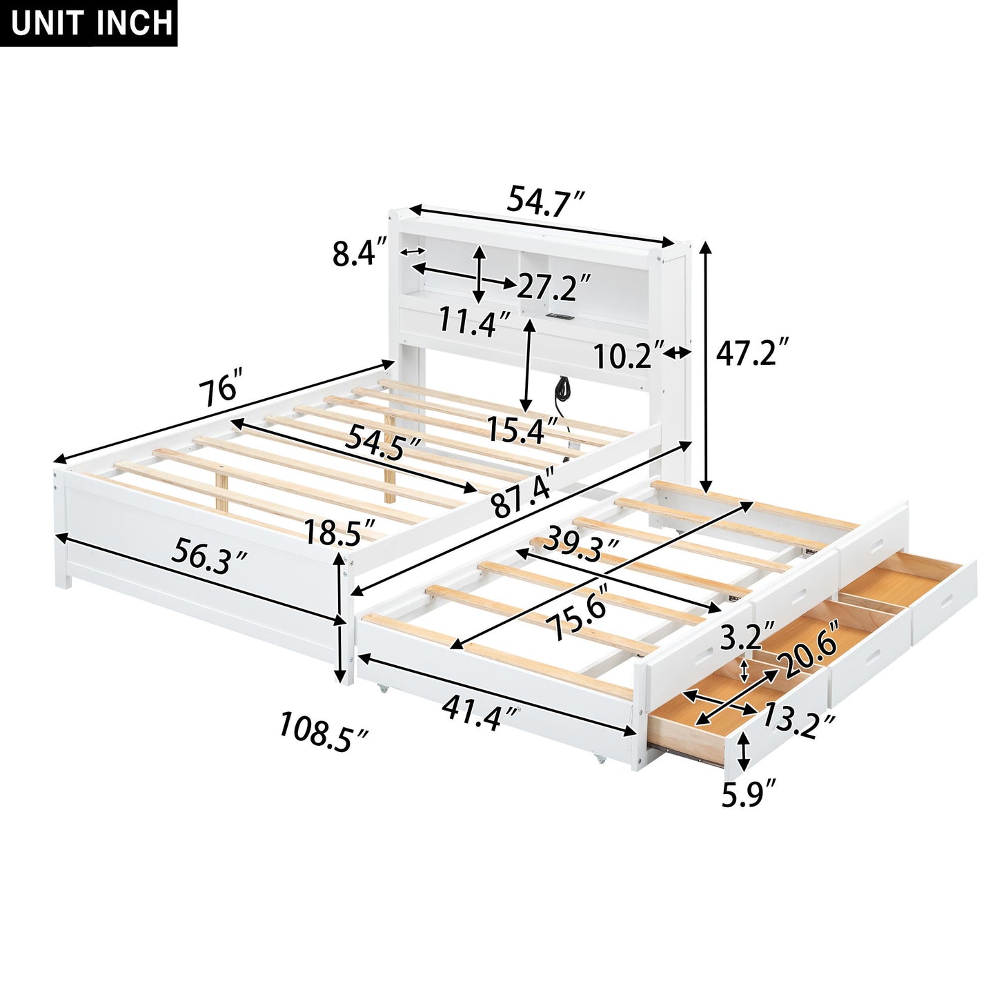 Full Size Platform Bed With Trundle, Drawers, USB Ports And Built In Shelves - White - The Sleep Loft - Online Mattress Showroom NYC