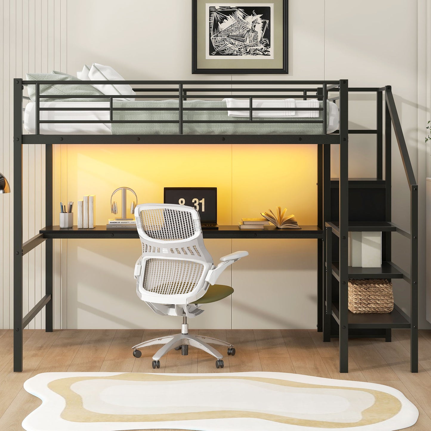 Full Size Loft Bed With Desk, Storage Staircase, Small Wardrobe And LED Light - Black - The Sleep Loft - Online Mattress Showroom NYC