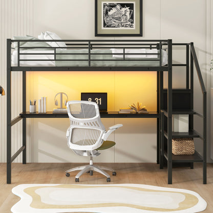 Full Size Loft Bed With Desk, Storage Staircase, Small Wardrobe And LED Light - Black - The Sleep Loft - Online Mattress Showroom NYC