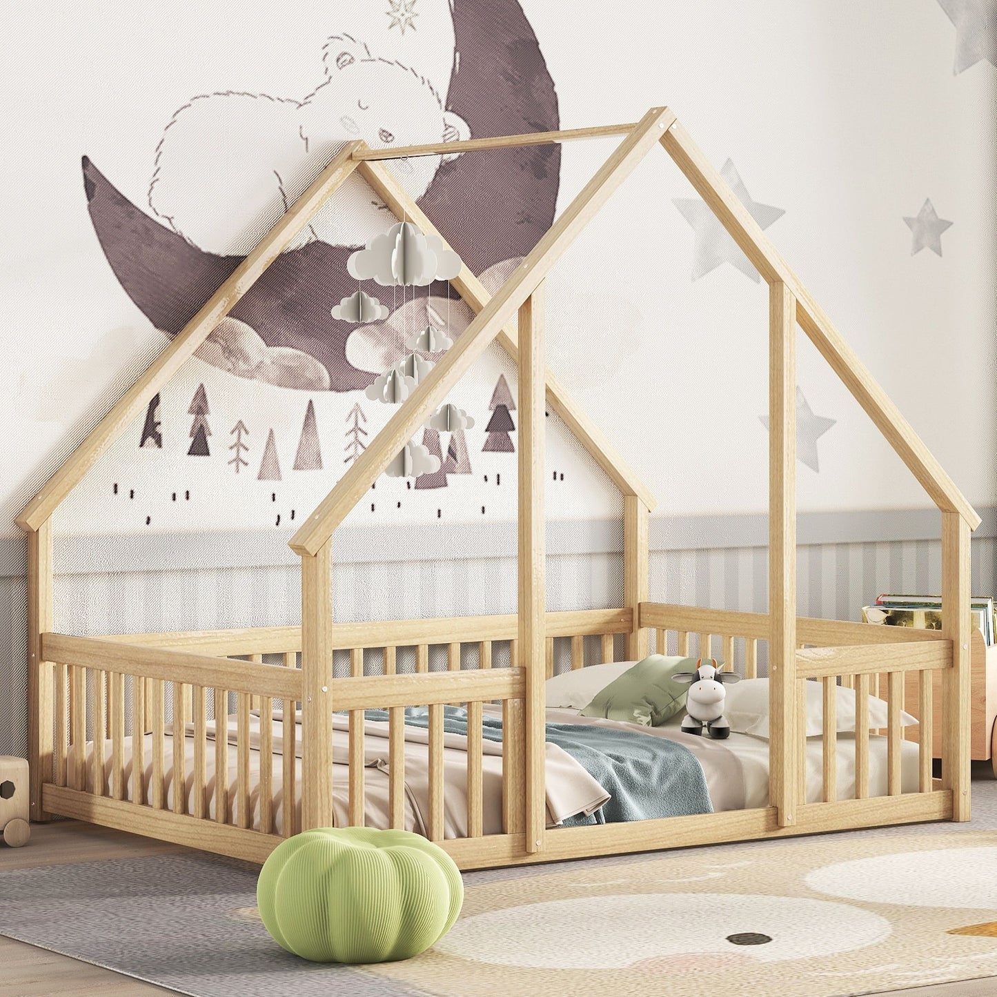 Wood House-Shaped Floor Bed With Fence, Guardrails - The Sleep Loft - Online Mattress Showroom NYC