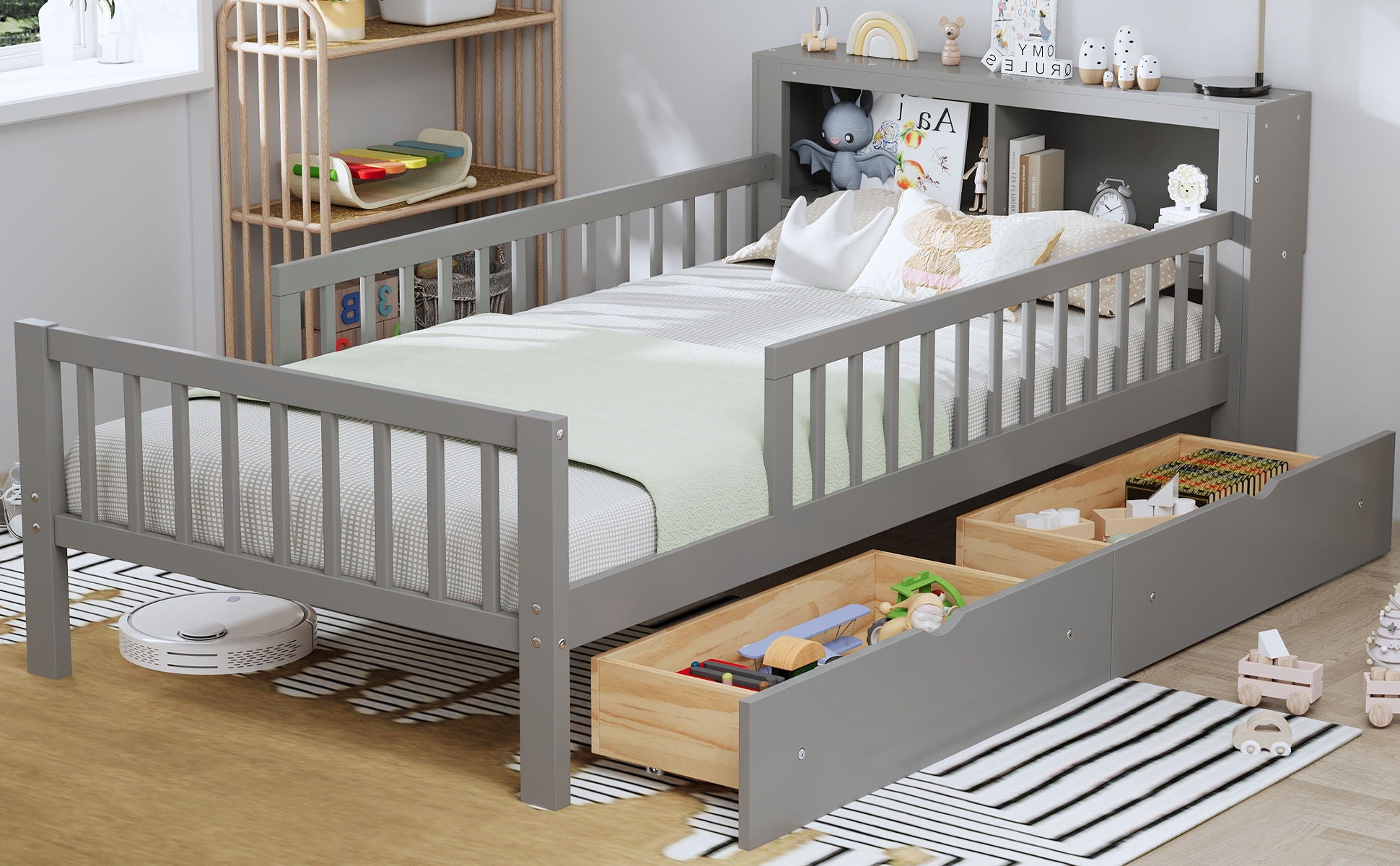 Bed With Headboard Storage Rack, 2 Under Bed Drawers, 3 Side Guardrails For Safety - The Sleep Loft - Online Mattress Showroom NYC