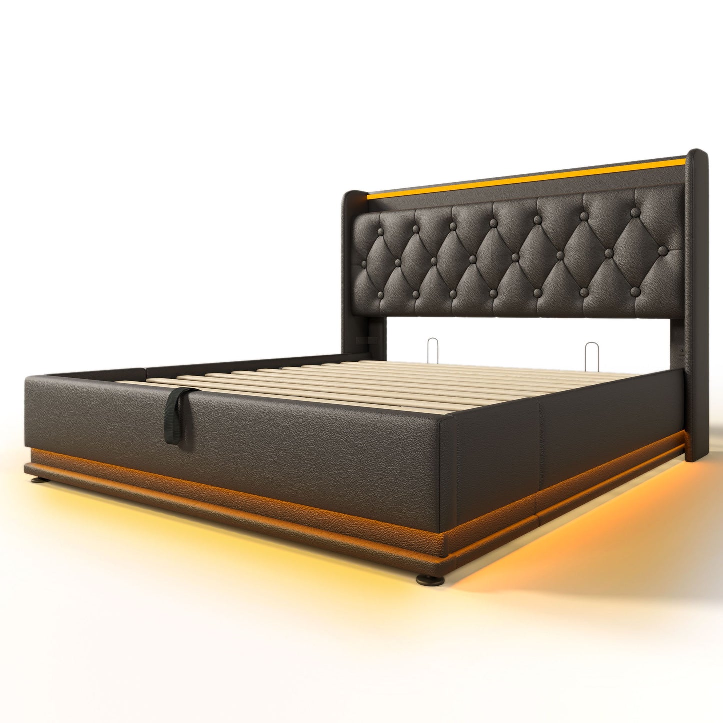 Upholstered Bed, 360 Surround LED Function, Remote Control, Hydraulic Storage Bed With USB, Type-C Charging (Without Mattress) - The Sleep Loft - Online Mattress Showroom NYC