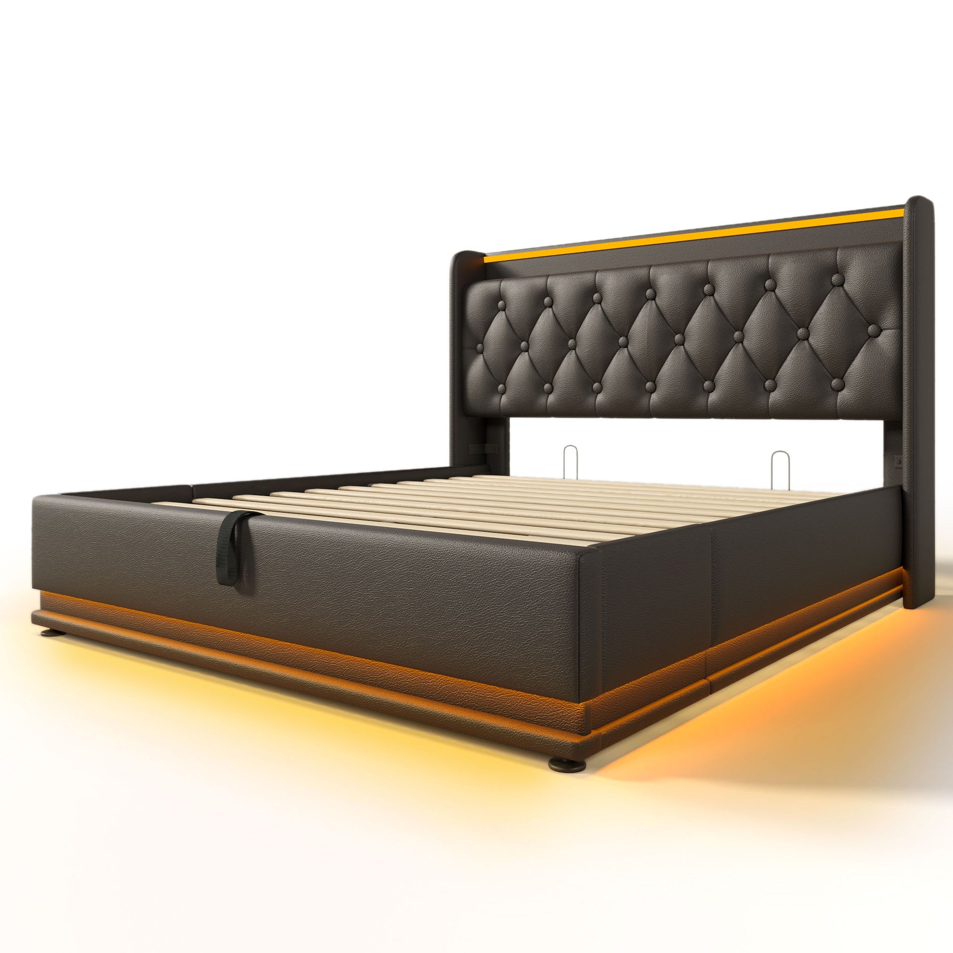 Upholstered Bed, 360 Surround LED Function, Remote Control, Hydraulic Storage Bed With USB, Type-C Charging (Without Mattress) - The Sleep Loft - Online Mattress Showroom NYC