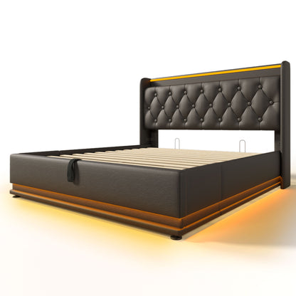 Upholstered Bed, 360 Surround LED Function, Remote Control, Hydraulic Storage Bed With USB, Type-C Charging (Without Mattress) - The Sleep Loft - Online Mattress Showroom NYC