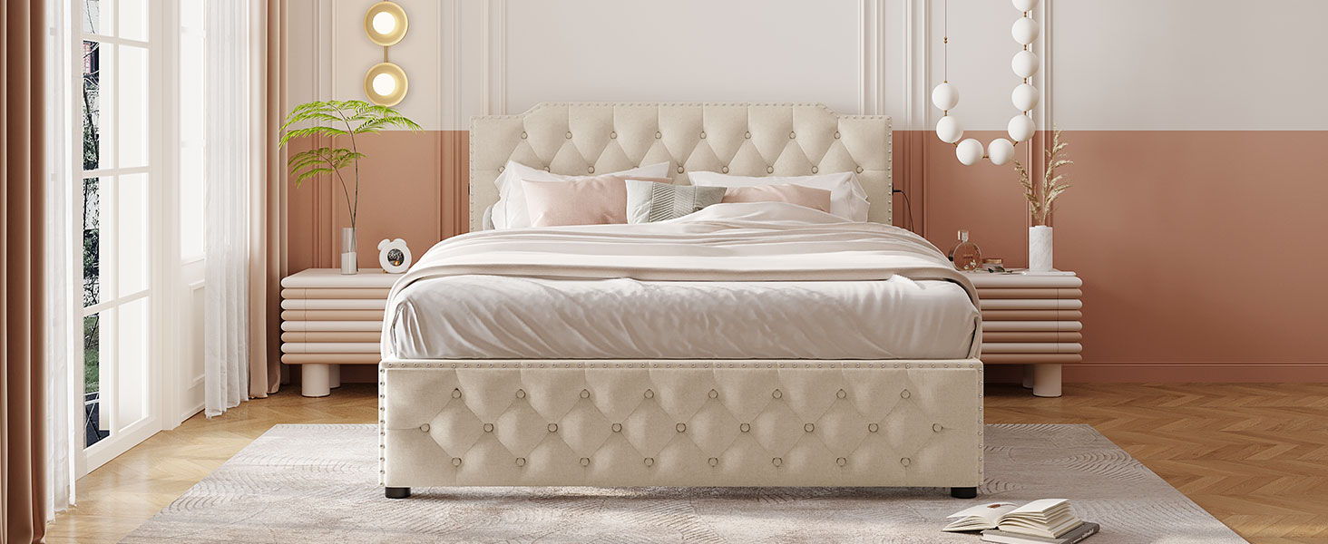 Upholstered Platform Bed With 2 Drawers And 2 Sets Of USB Ports On Each Side, Linen Fabric - The Sleep Loft - Online Mattress Showroom NYC