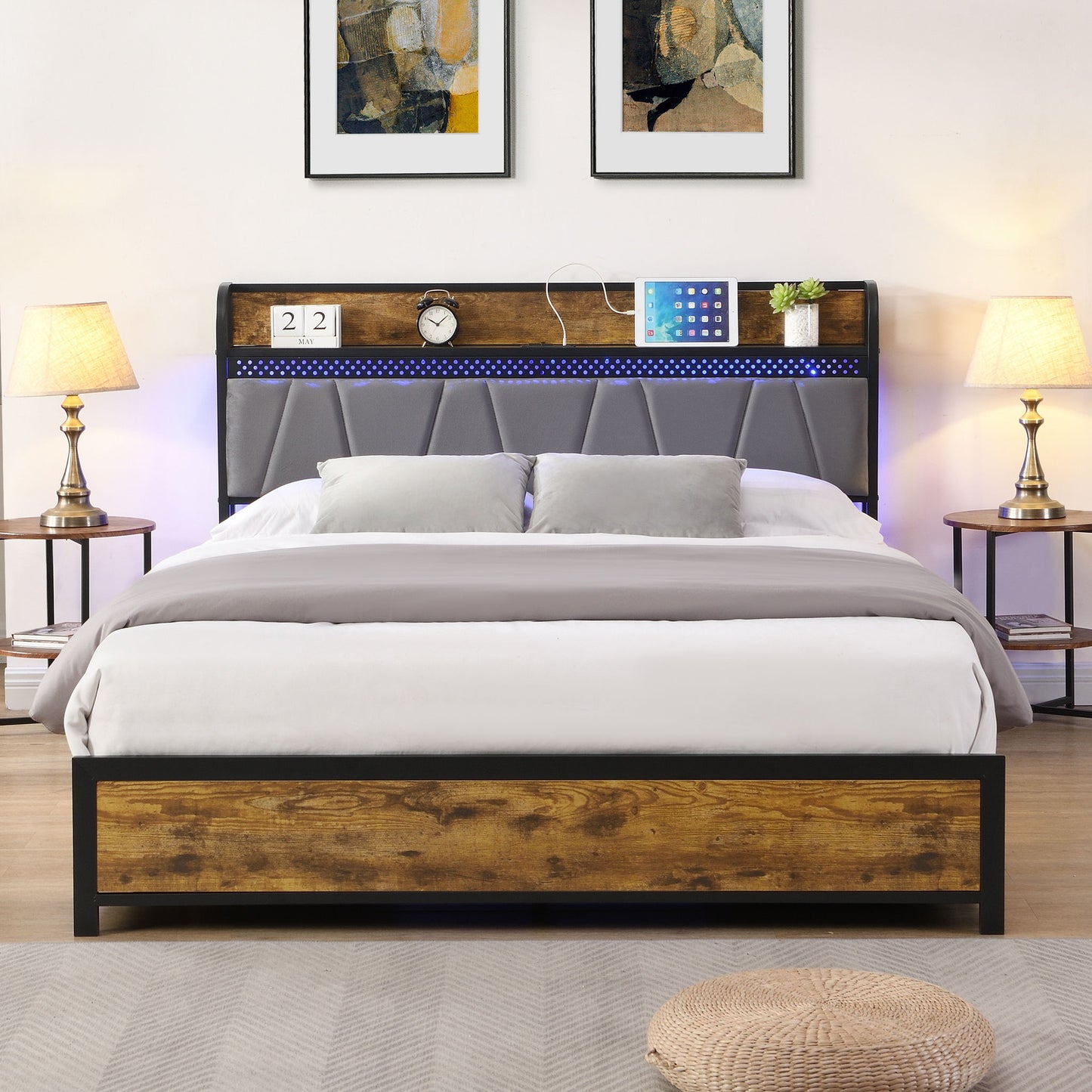 Contemporary Bed Frame With Storage Headboard, Charging Station, LED Lights