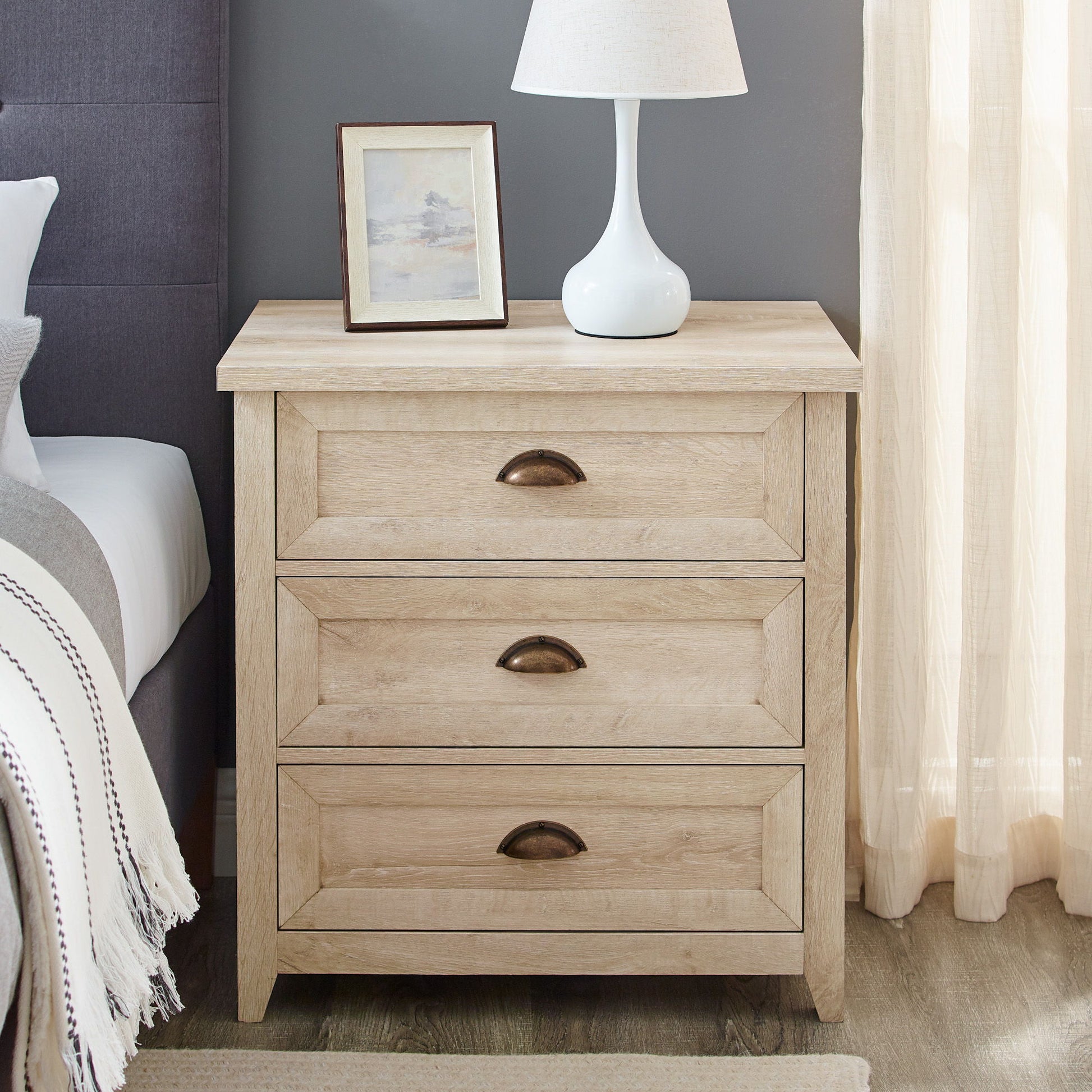 Transitional Farmhouse Framed 3 Drawer Nighstand With Cup Handles - The Sleep Loft - Online Mattress Showroom NYC