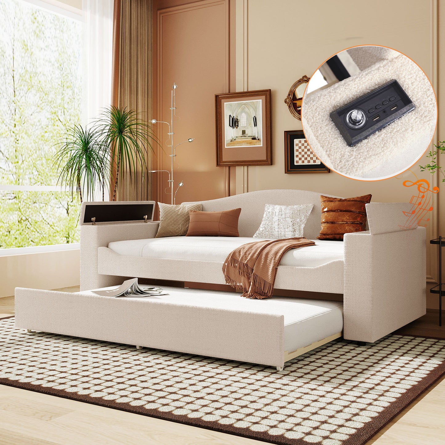 Upholstered Daybed With Storage Armrests, Trundle And Latest Integrated tooth Audio System - The Sleep Loft - Online Mattress Showroom NYC