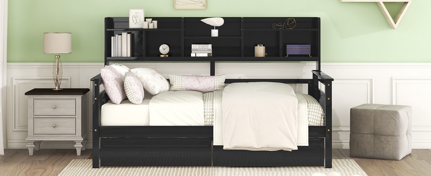 Daybed, Slat Support, With Bedside Shelves And 2 Drawers - The Sleep Loft - Online Mattress Showroom NYC