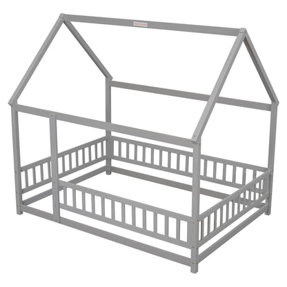 Floor Wooden Bed With House Roof Frame, Fence Guardrails - The Sleep Loft - Online Mattress Showroom NYC