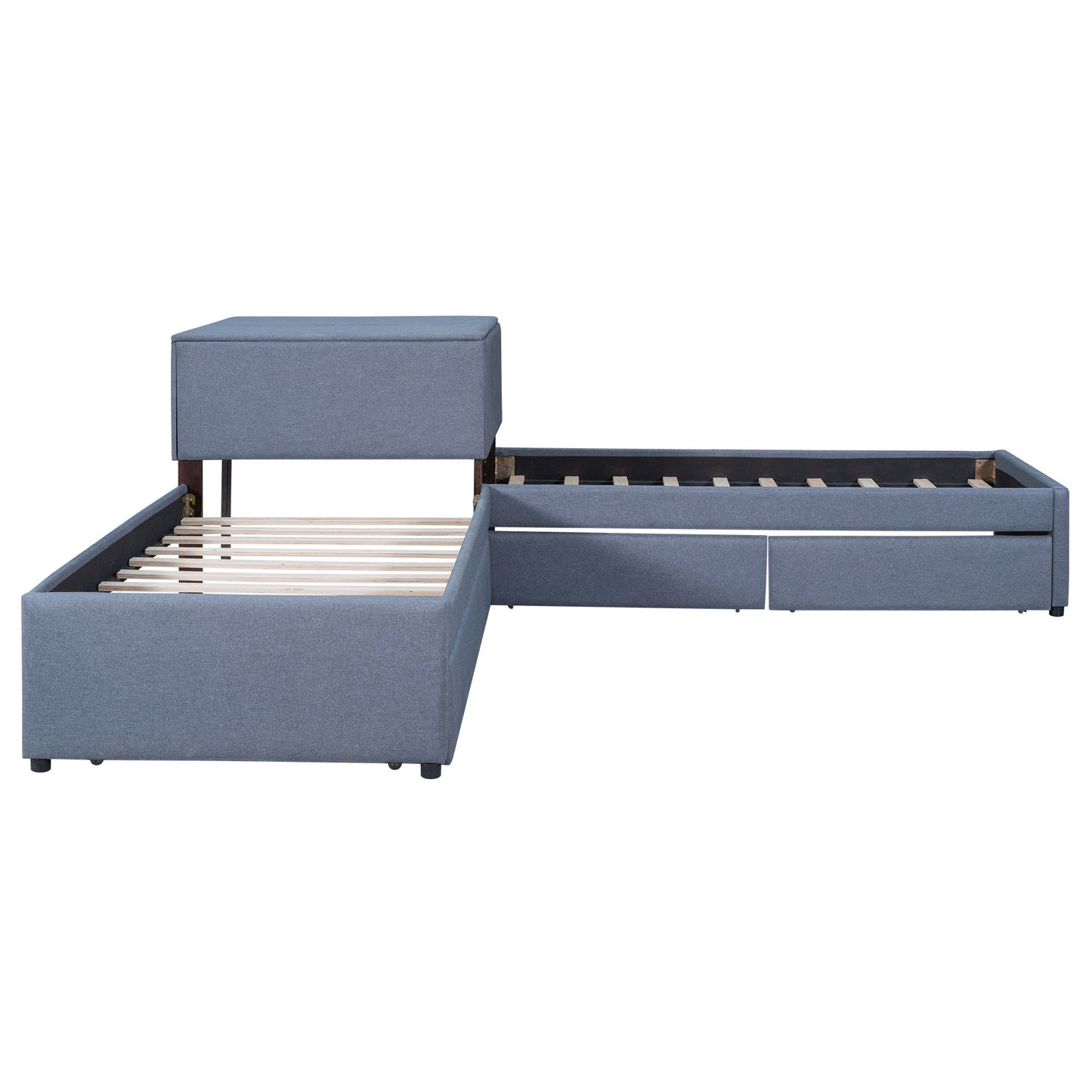 L Shaped Upholstered Platform Bed With Trundle And 2 Drawers Linked With Built In Desk - The Sleep Loft - Online Mattress Showroom NYC