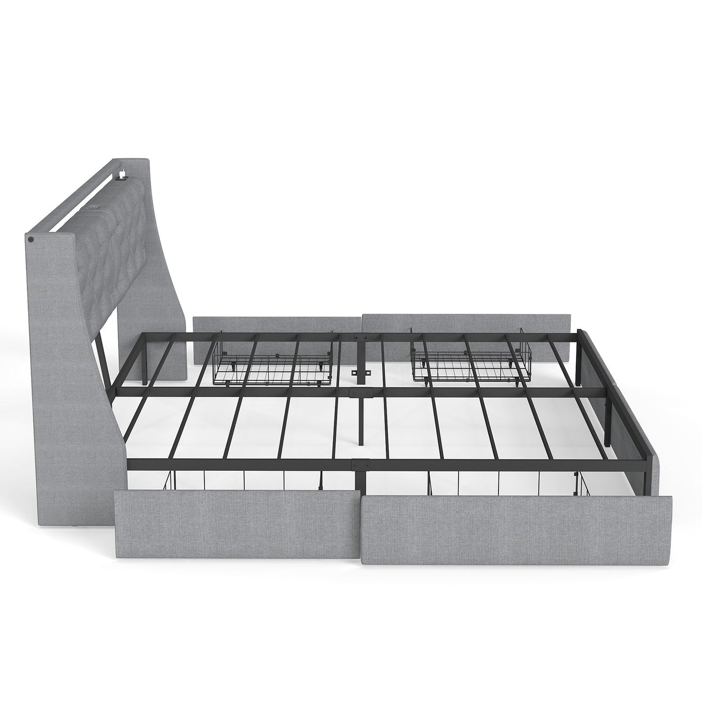 King Platform Bed Frame With RGB LED & Charging Station Storage Headboard, 12 Color Ambient Lighting - Gray