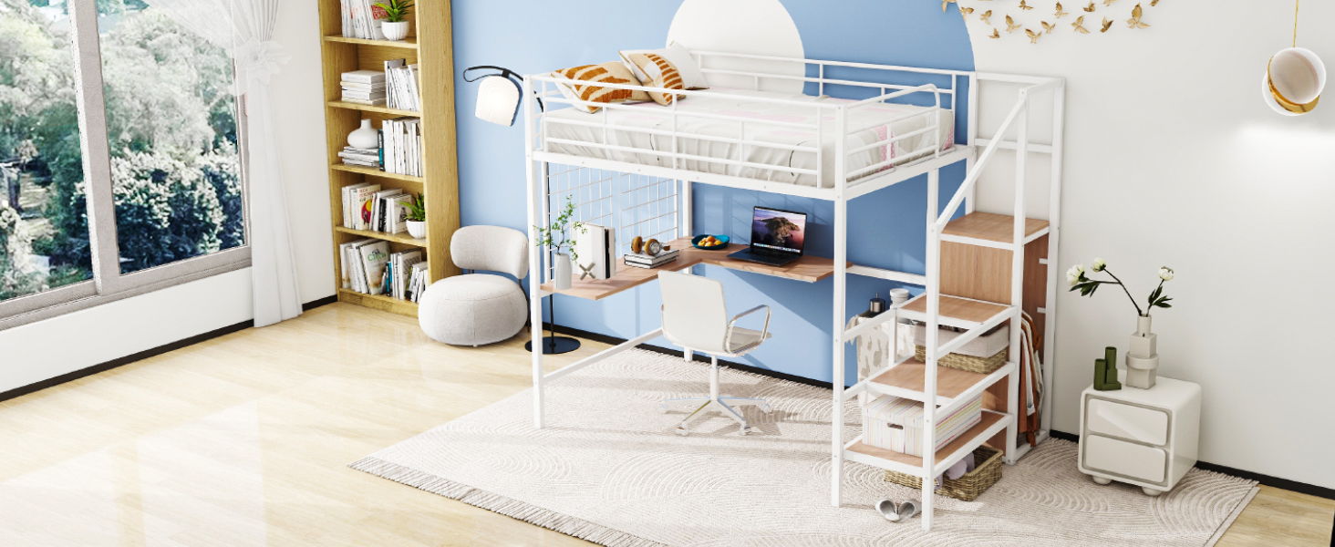 Loft Bed With Desk And Grid, Stylish Frame With Lateral Storage Ladder And Wardrobe - The Sleep Loft - Online Mattress Showroom NYC