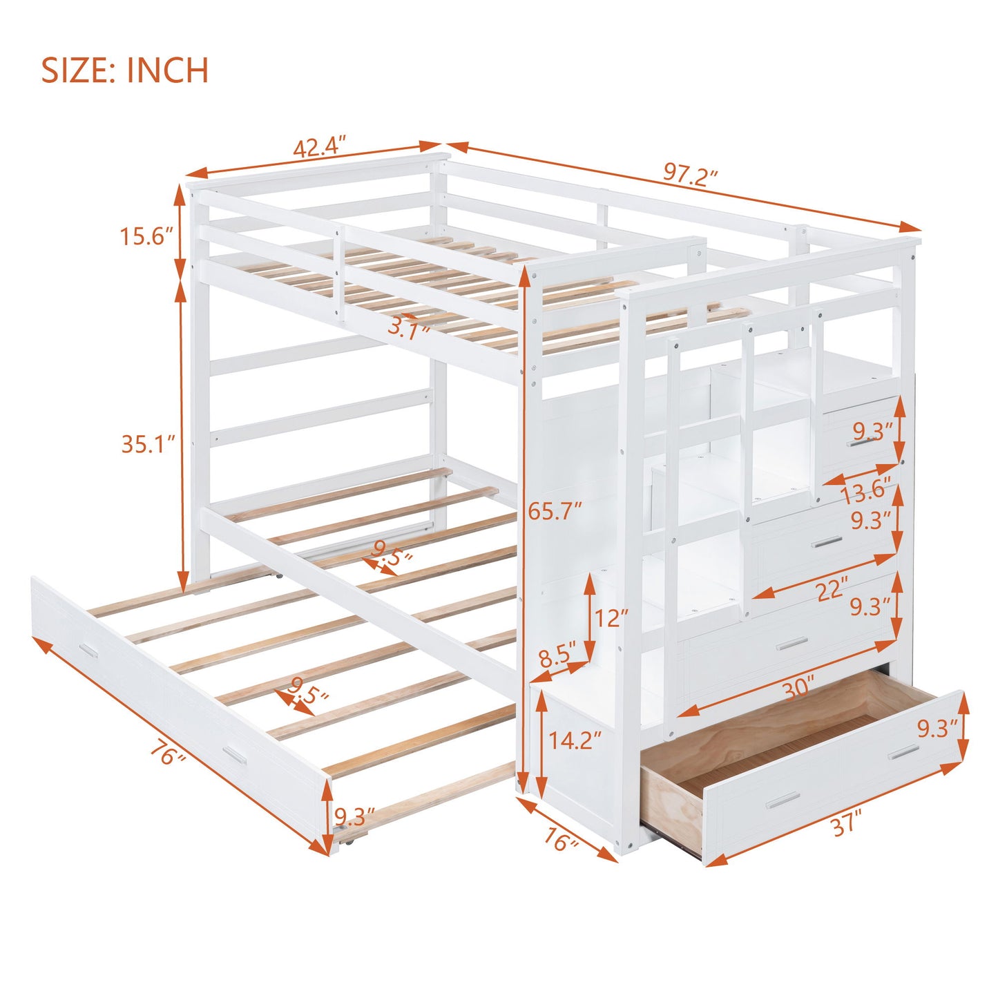 Twin Over Twin Bunk Bed With Trundle And Staircase - White - The Sleep Loft - Online Mattress Showroom NYC