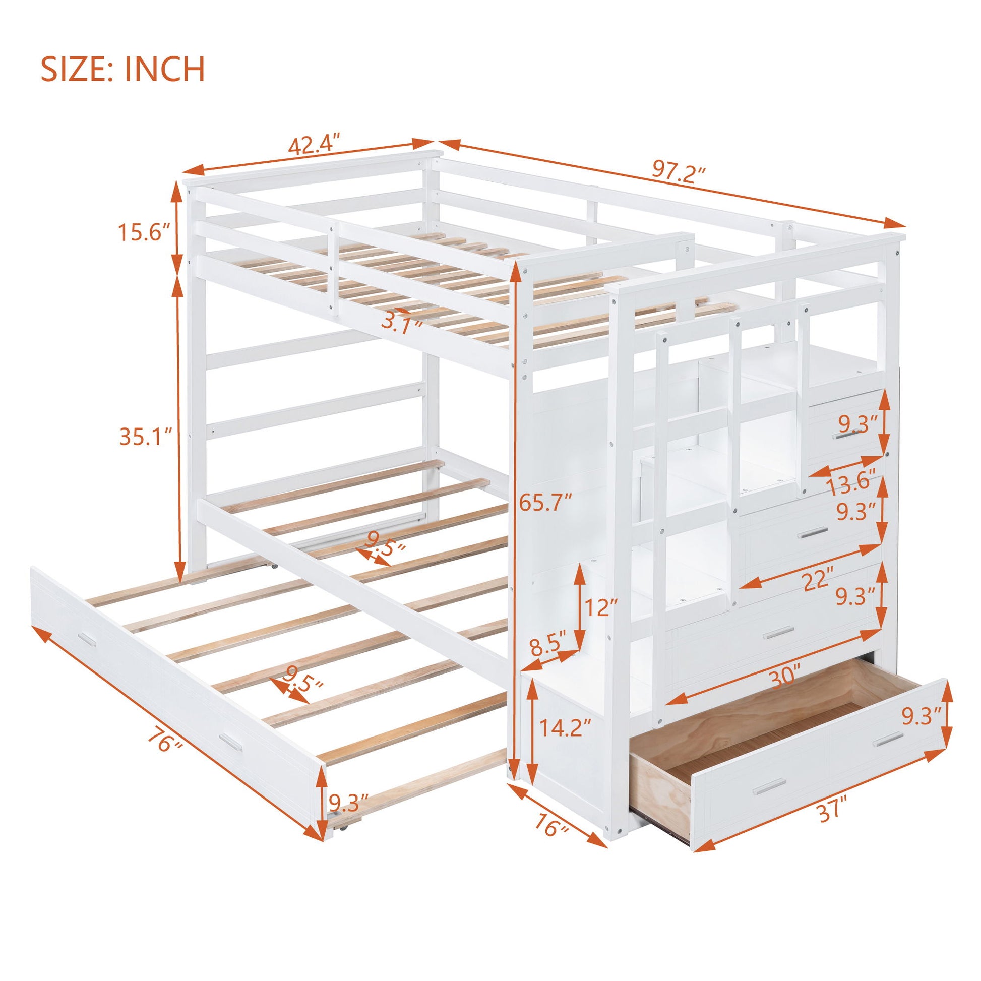 Twin Over Twin Bunk Bed With Trundle And Staircase - White - The Sleep Loft - Online Mattress Showroom NYC