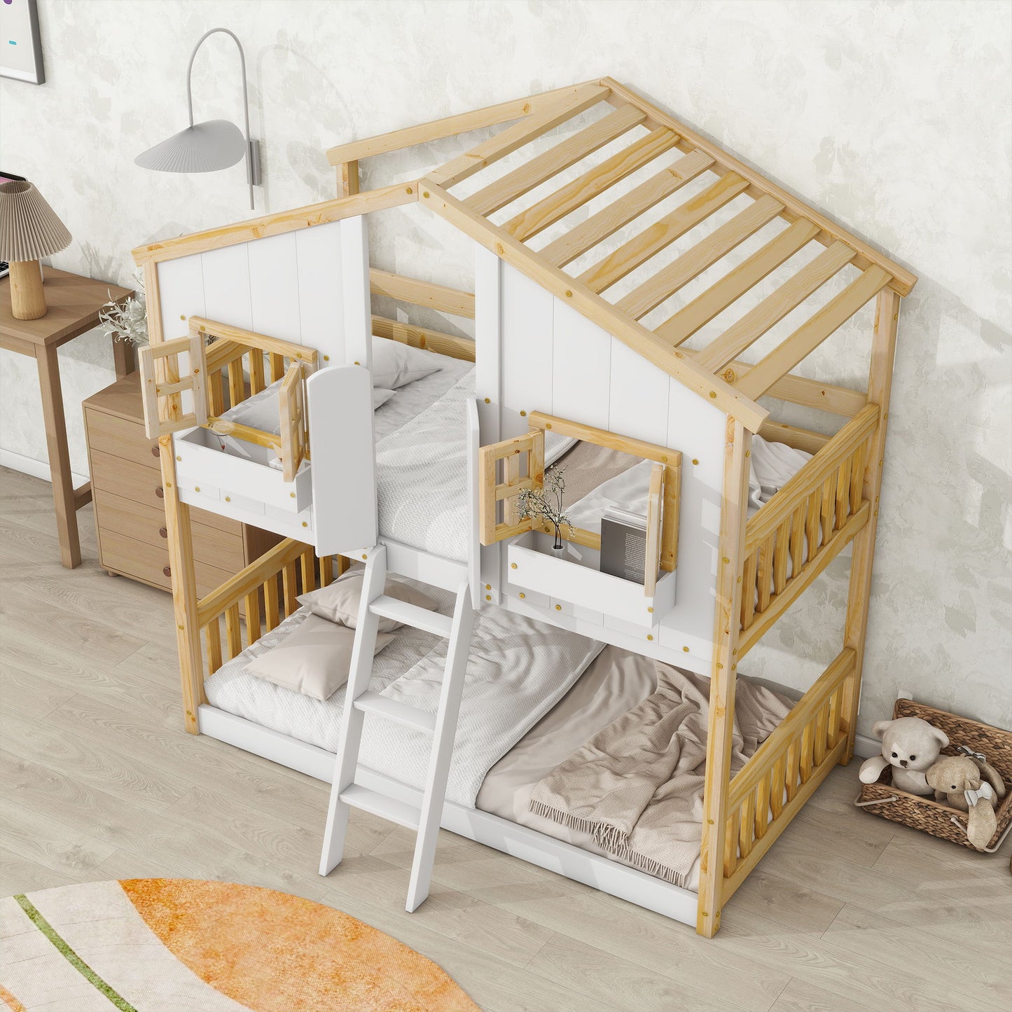 House Bunk Bed With Roof, Window, Window Box, Door, With Safety Guardrails And Ladder - The Sleep Loft - Online Mattress Showroom NYC