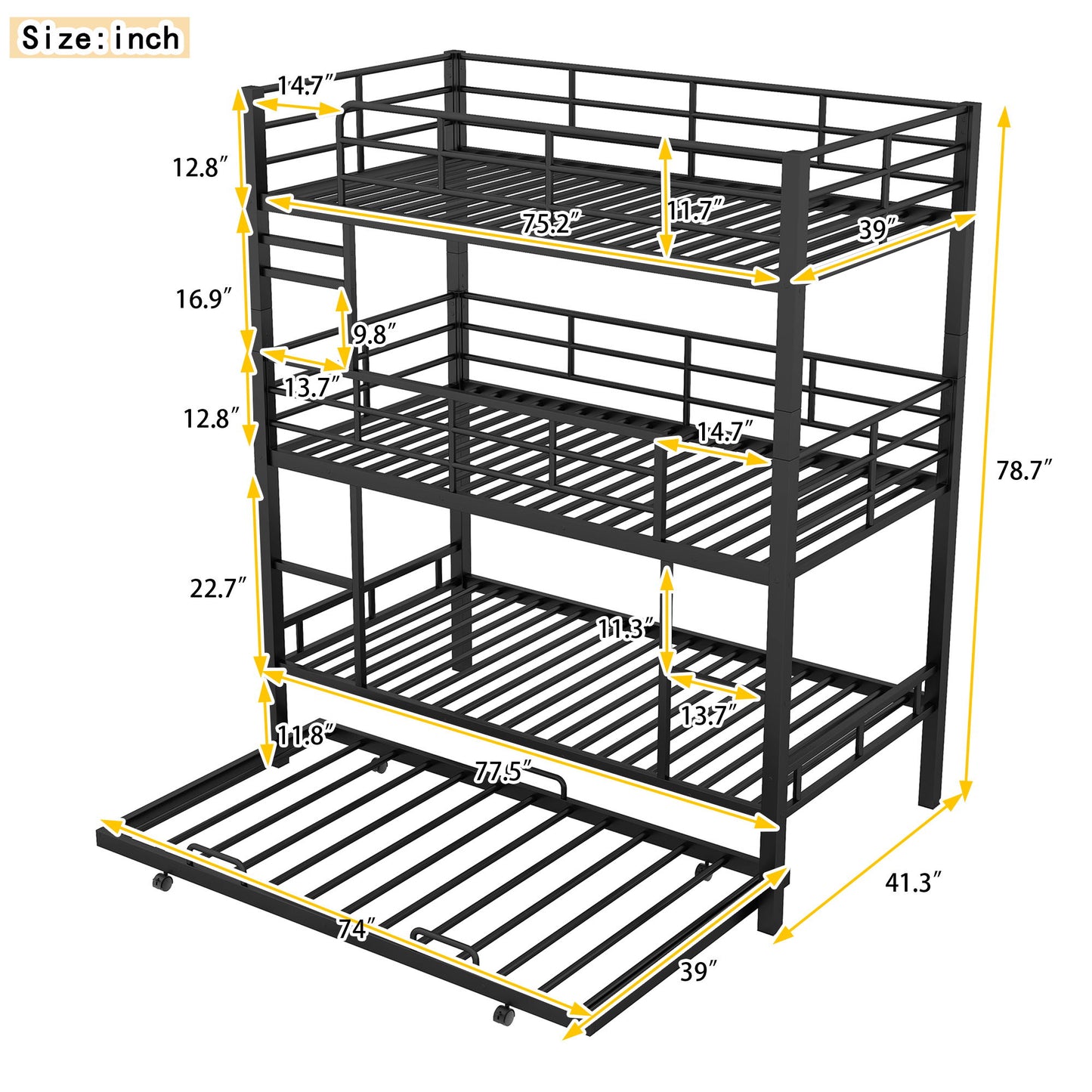Triple Bunk Bed With Trundle, Heavy Duty Steel Construction - The Sleep Loft - Online Mattress Showroom NYC
