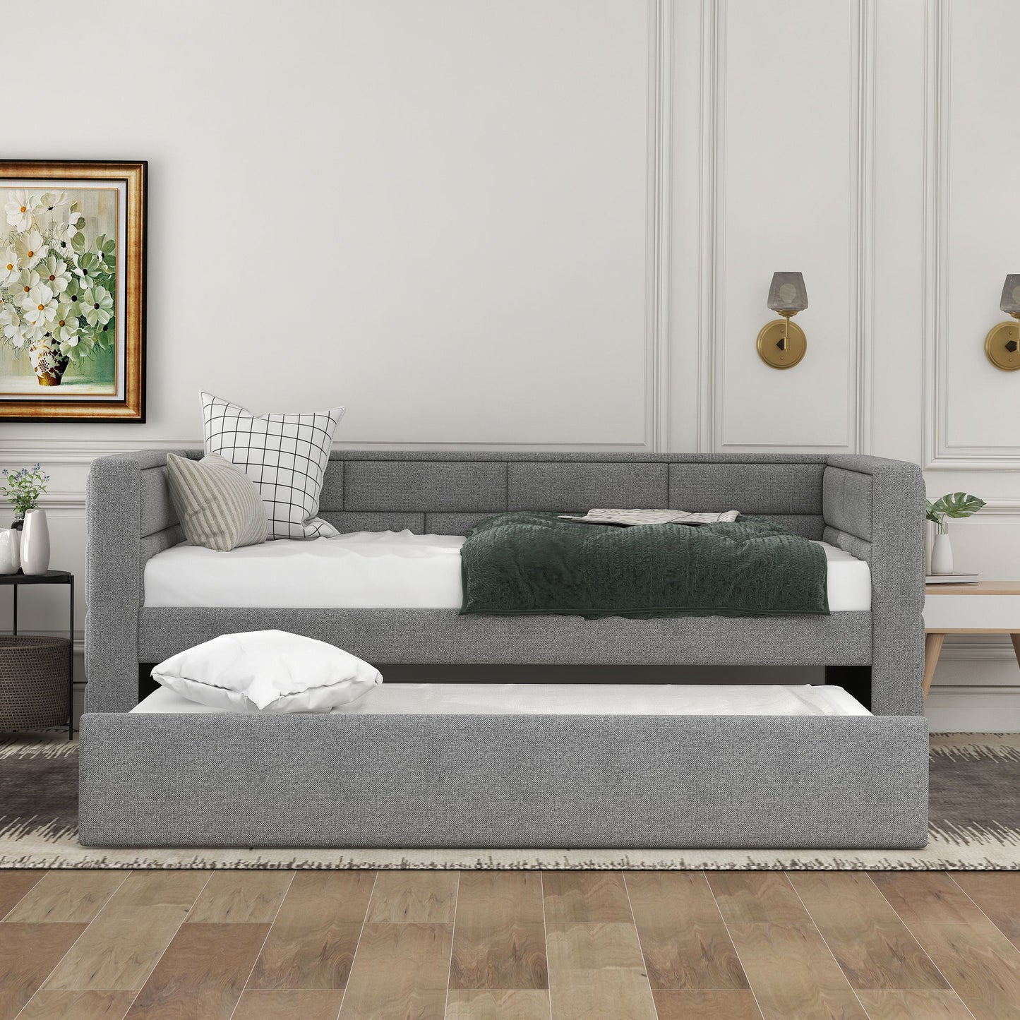 Upholstered Twin Size Daybed With Trundle, Padded Back And Sides - Gray - The Sleep Loft - Online Mattress Showroom NYC