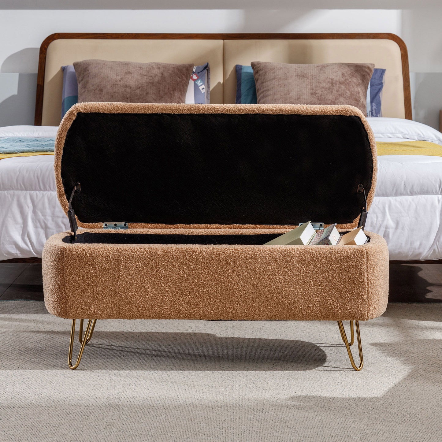Storage Ottoman Bench For End Of Bed Legs, Modern Camel Faux Fur Entryway Bench Upholstered Padded With Storage For Living Room Bedroom - The Sleep Loft - Online Mattress Showroom NYC