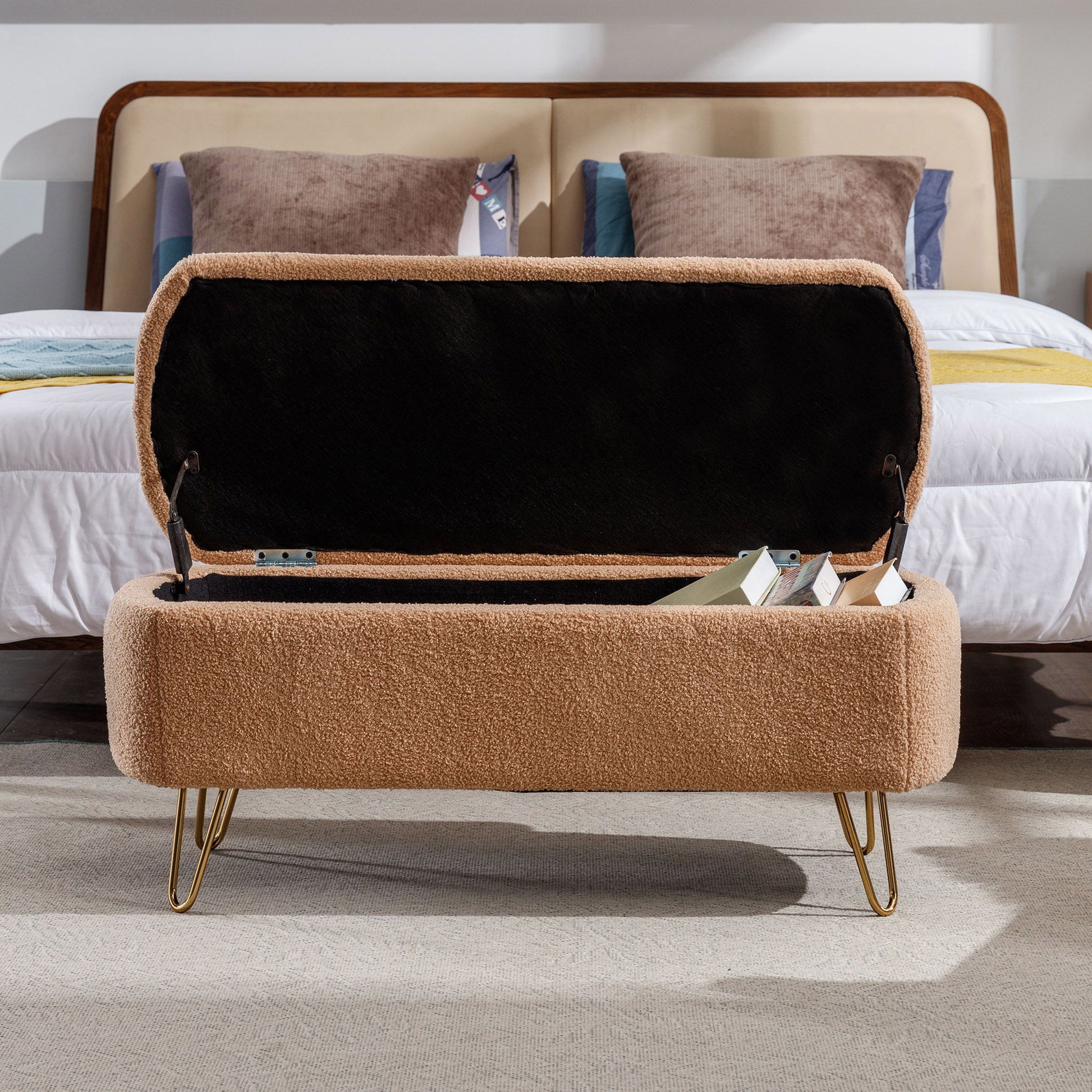Storage Ottoman Bench For End Of Bed Legs, Modern Camel Faux Fur Entryway Bench Upholstered Padded With Storage For Living Room Bedroom - The Sleep Loft - Online Mattress Showroom NYC